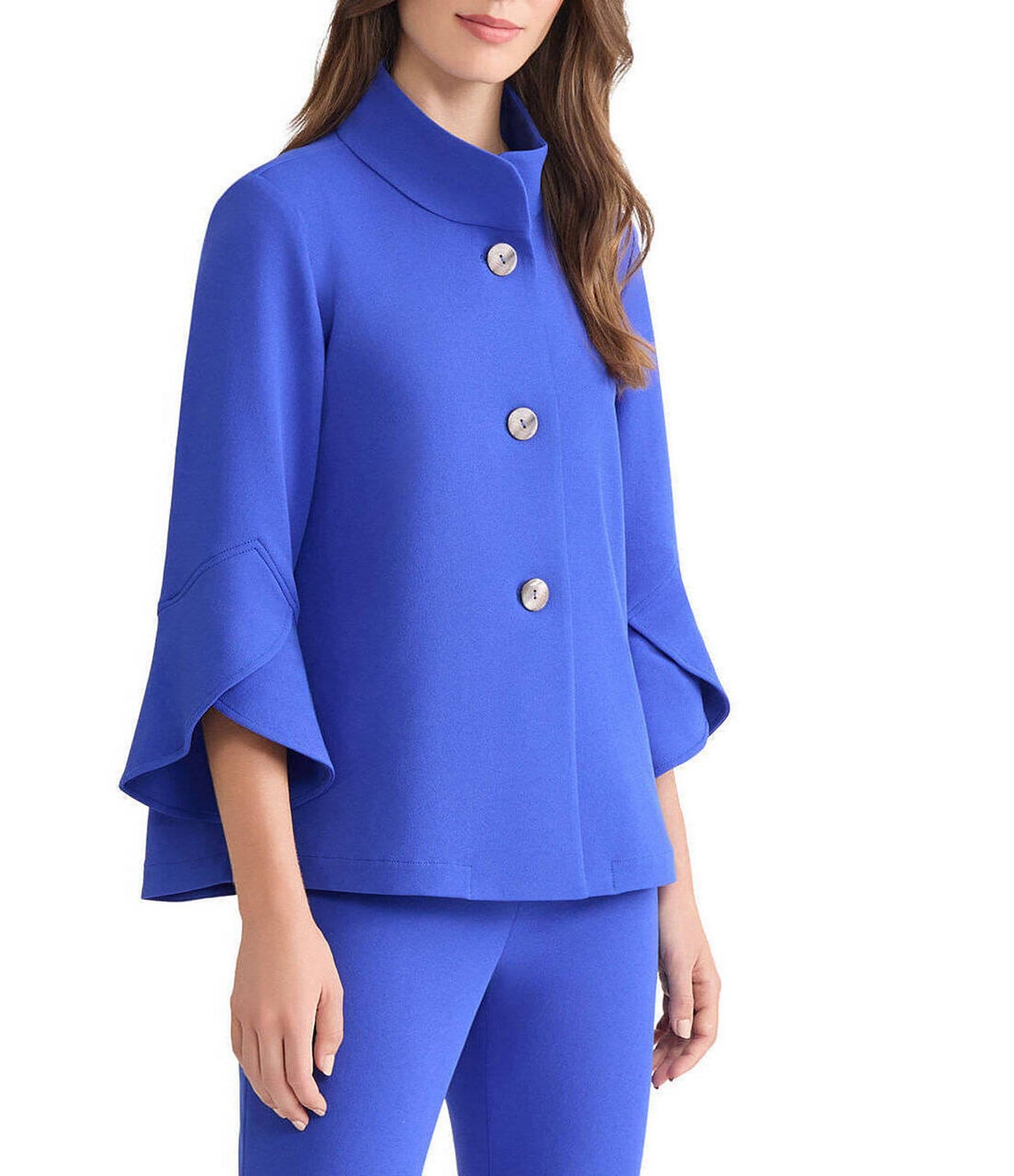 Ming Wang Deco Crepe Winged Collar Bell Sleeve Button Front Jacket