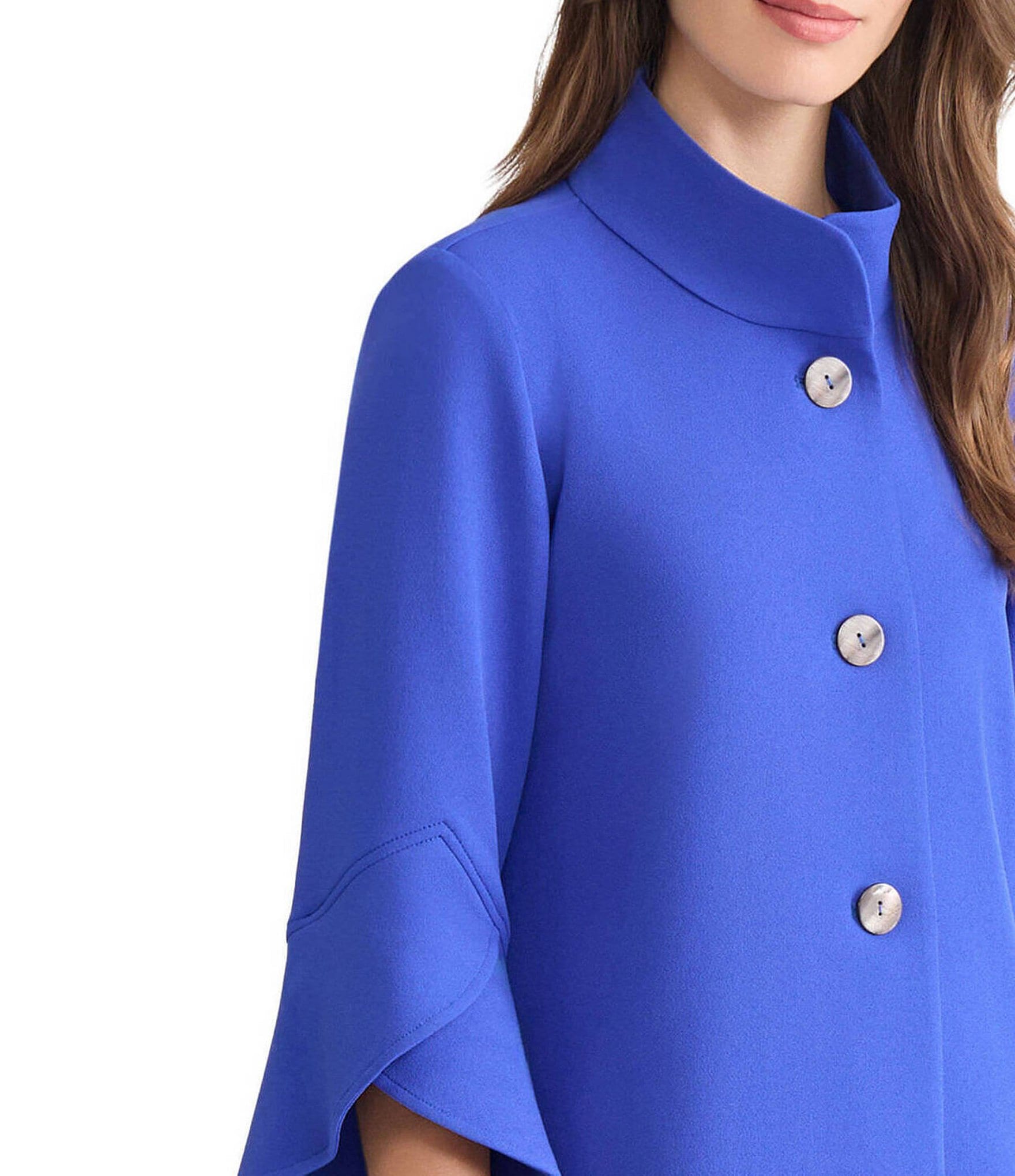 Ming Wang Deco Crepe Winged Collar Bell Sleeve Button Front Jacket
