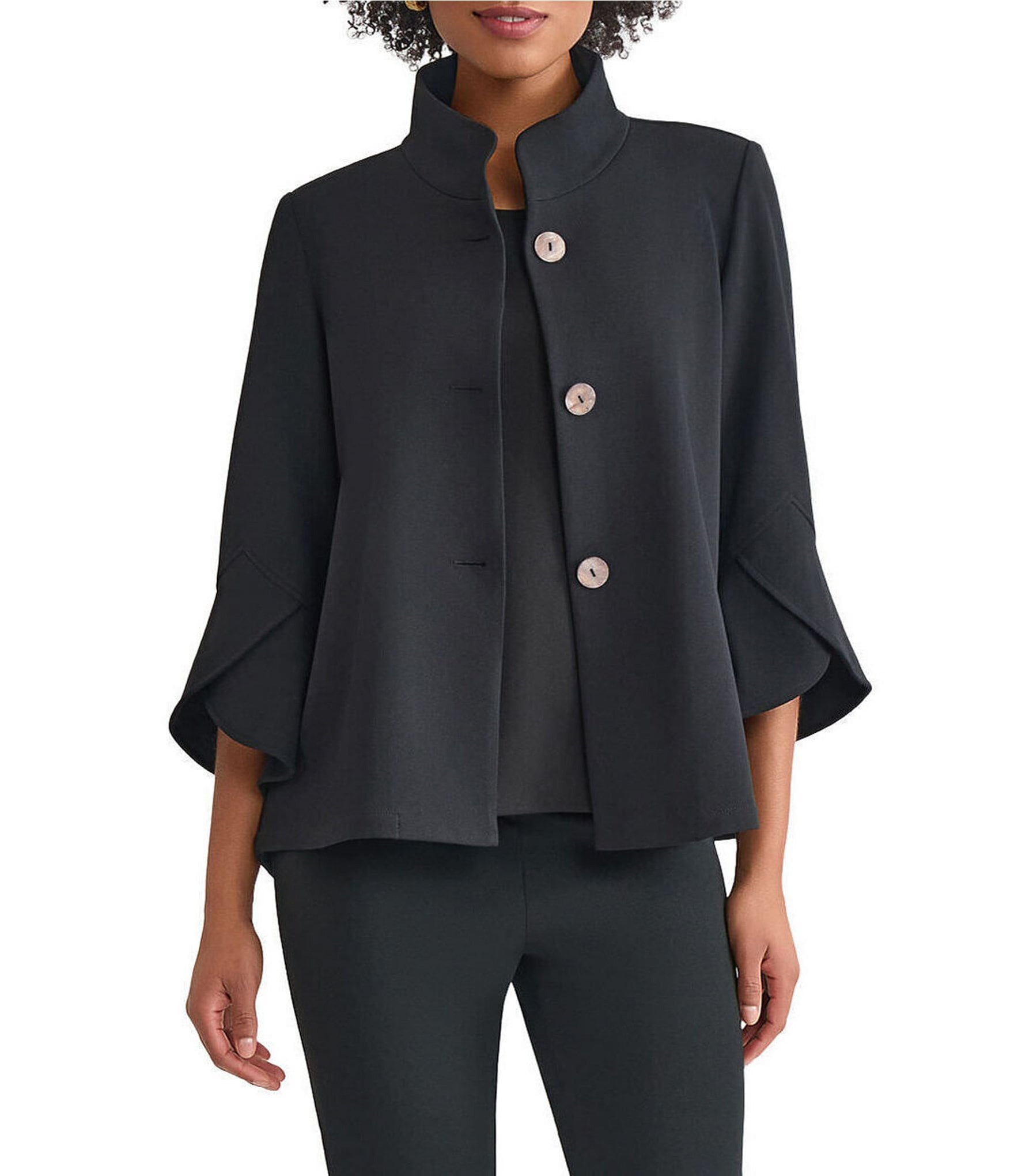 Ming Wang Deco Crepe Winged Collar Bell Sleeve Button Front Jacket
