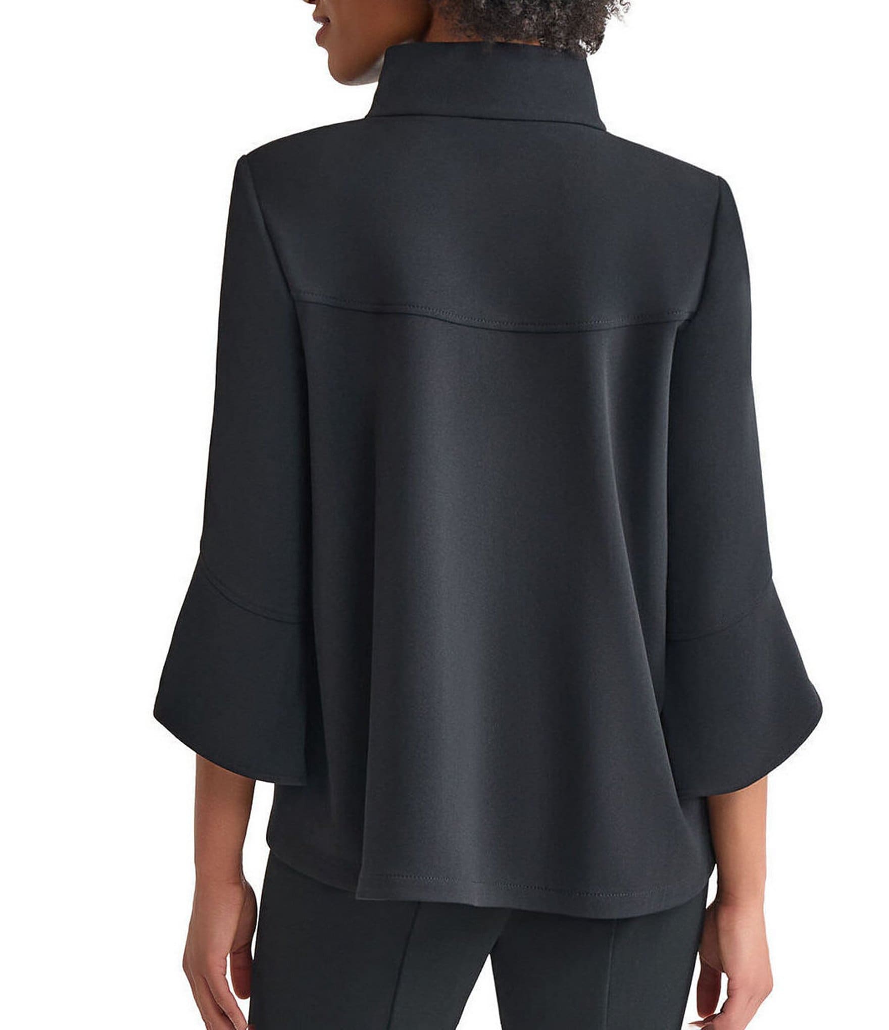 Ming Wang Deco Crepe Winged Collar Bell Sleeve Button Front Jacket