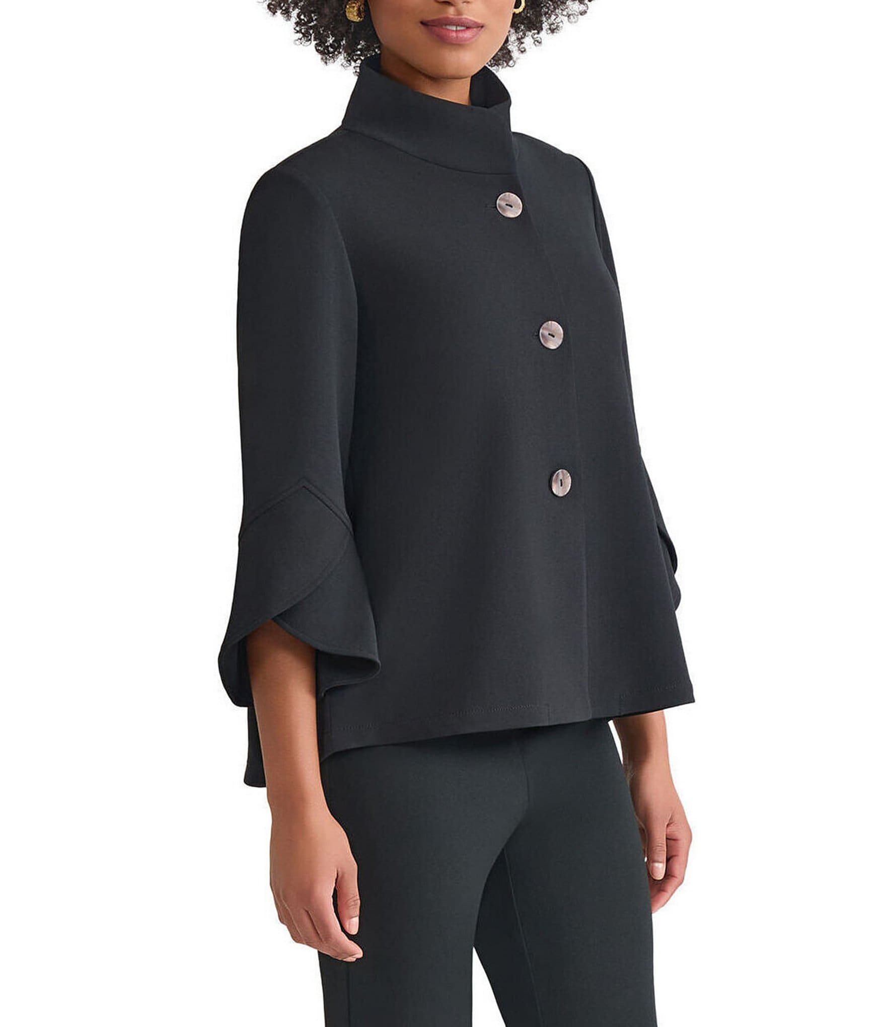 Ming Wang Deco Crepe Winged Collar Bell Sleeve Button Front Jacket