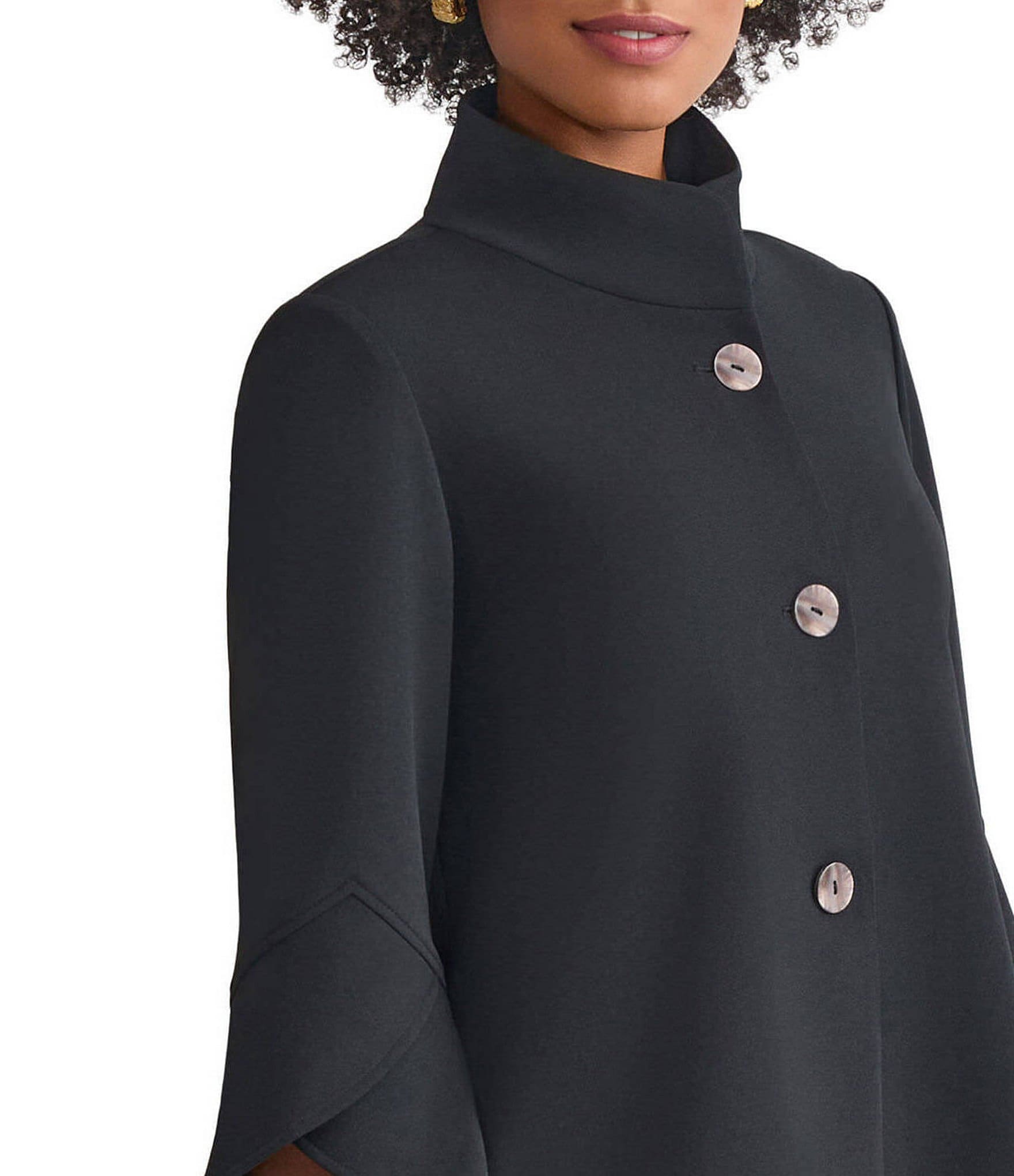 Ming Wang Deco Crepe Winged Collar Bell Sleeve Button Front Jacket