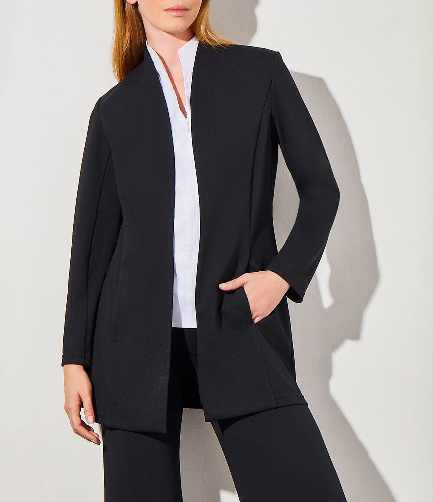Ming Wang Deco Crepe Woven Stand Collar Long Sleeve Open Front Long Jacket  | Dillard's