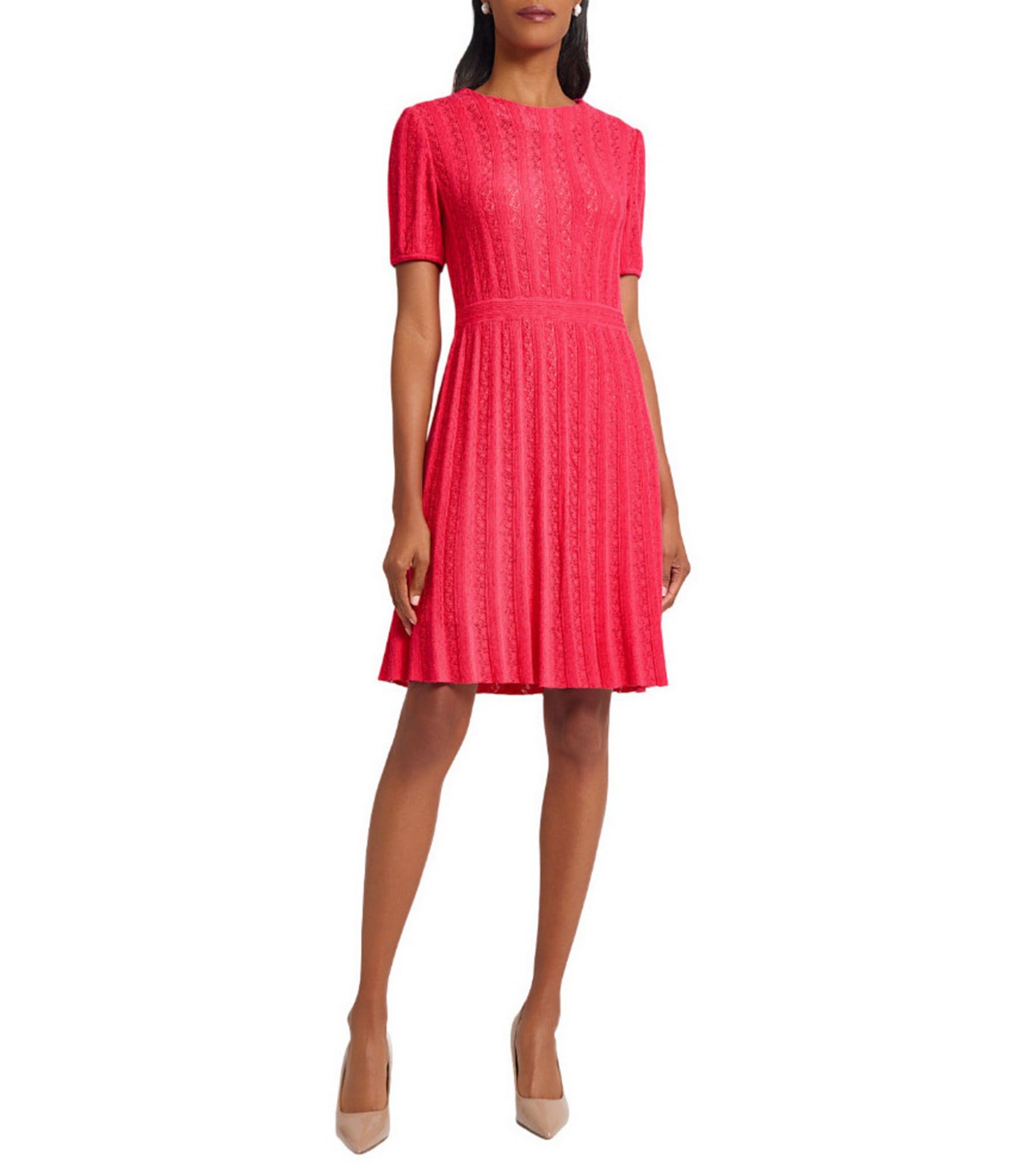 Ming Wang Diamond Pointelle Knit Round Neck Short Sleeve Fit-And-Flare Dress