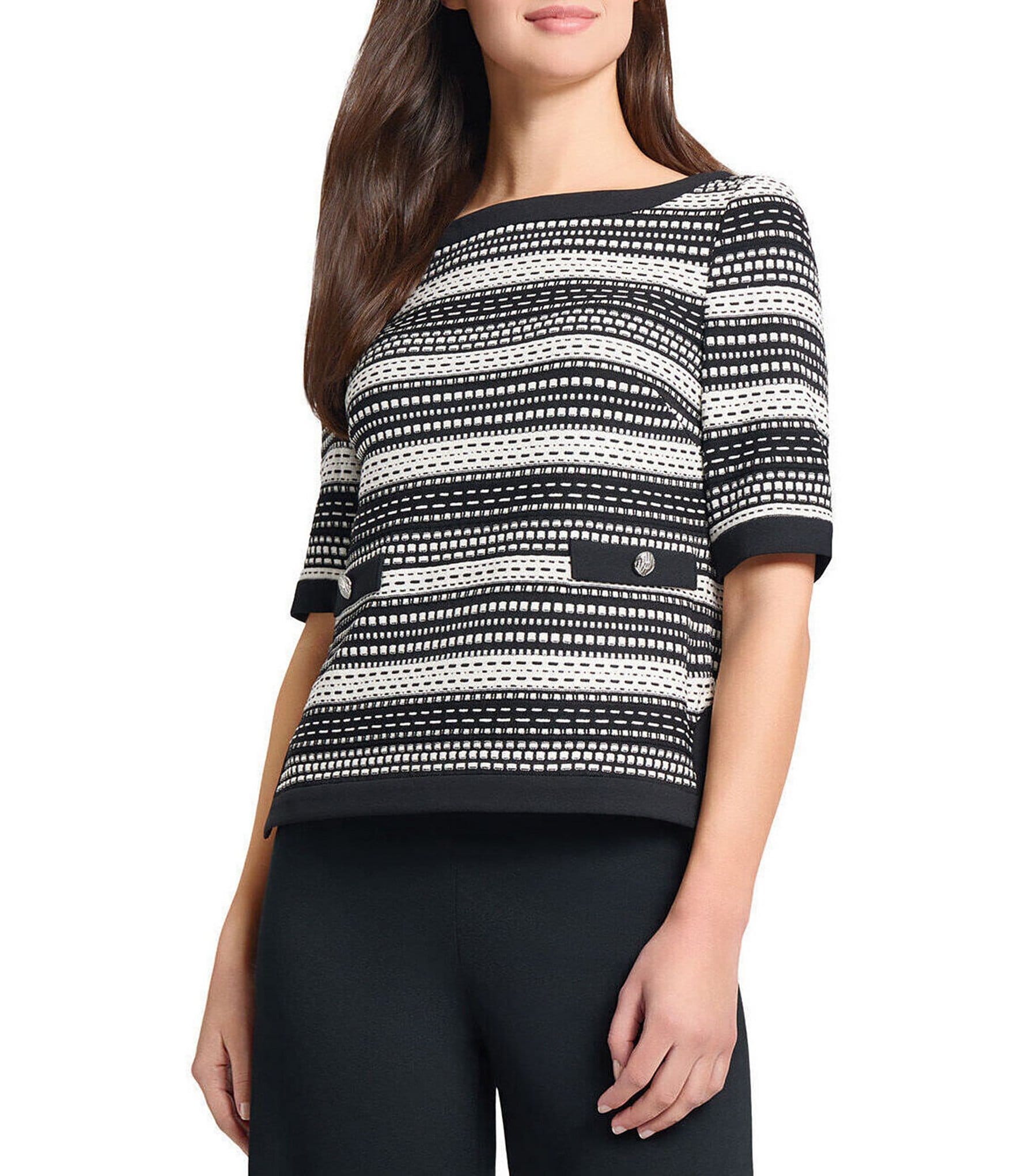Ming Wang Digital Soft Knit Boat Neck Short Sleeve Top