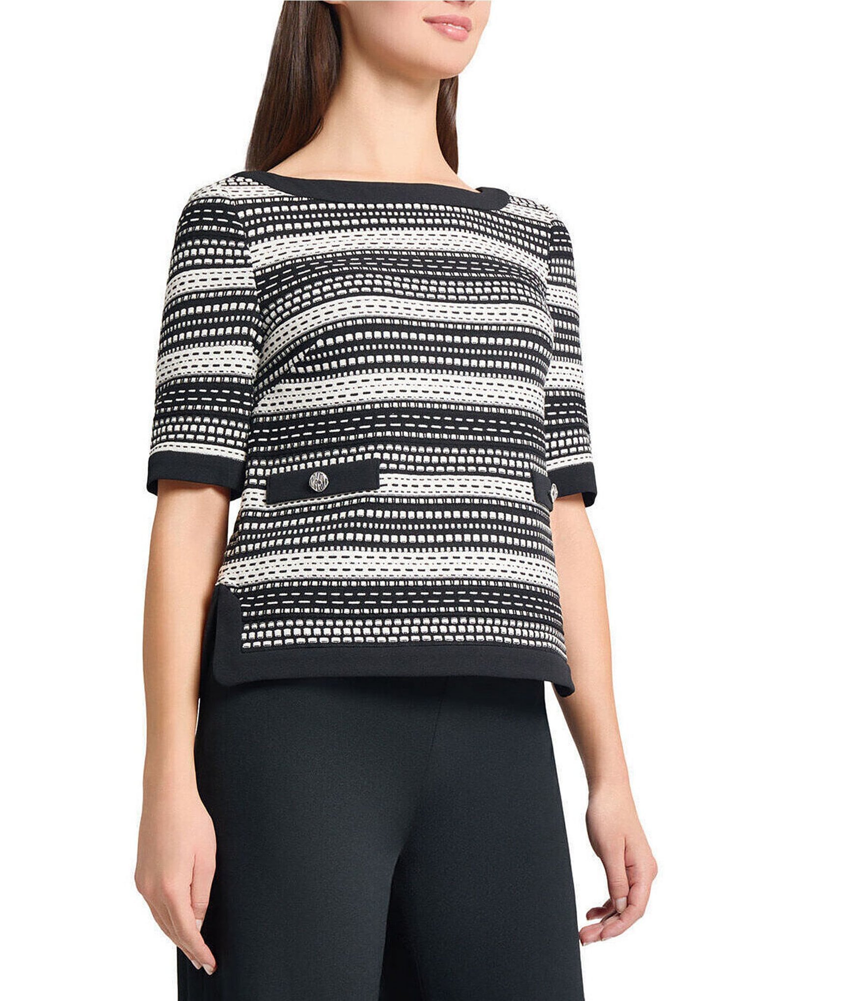 Ming Wang Digital Soft Knit Boat Neck Short Sleeve Top