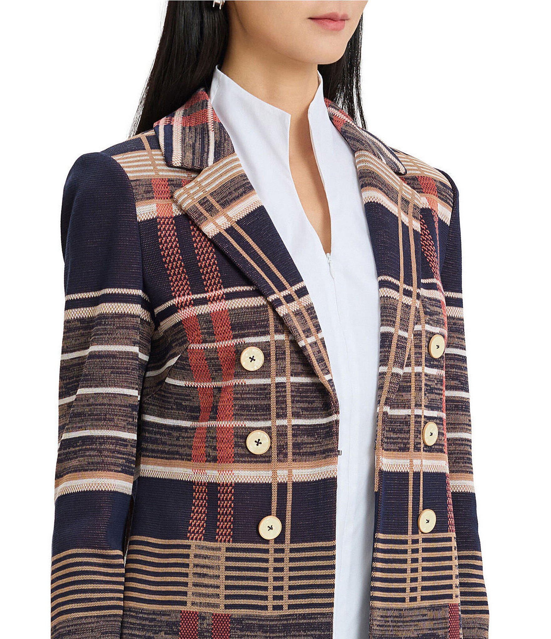 Ming Wang Double Breasted Plaid Notch Lapel Collar Long Sleeve Jacket