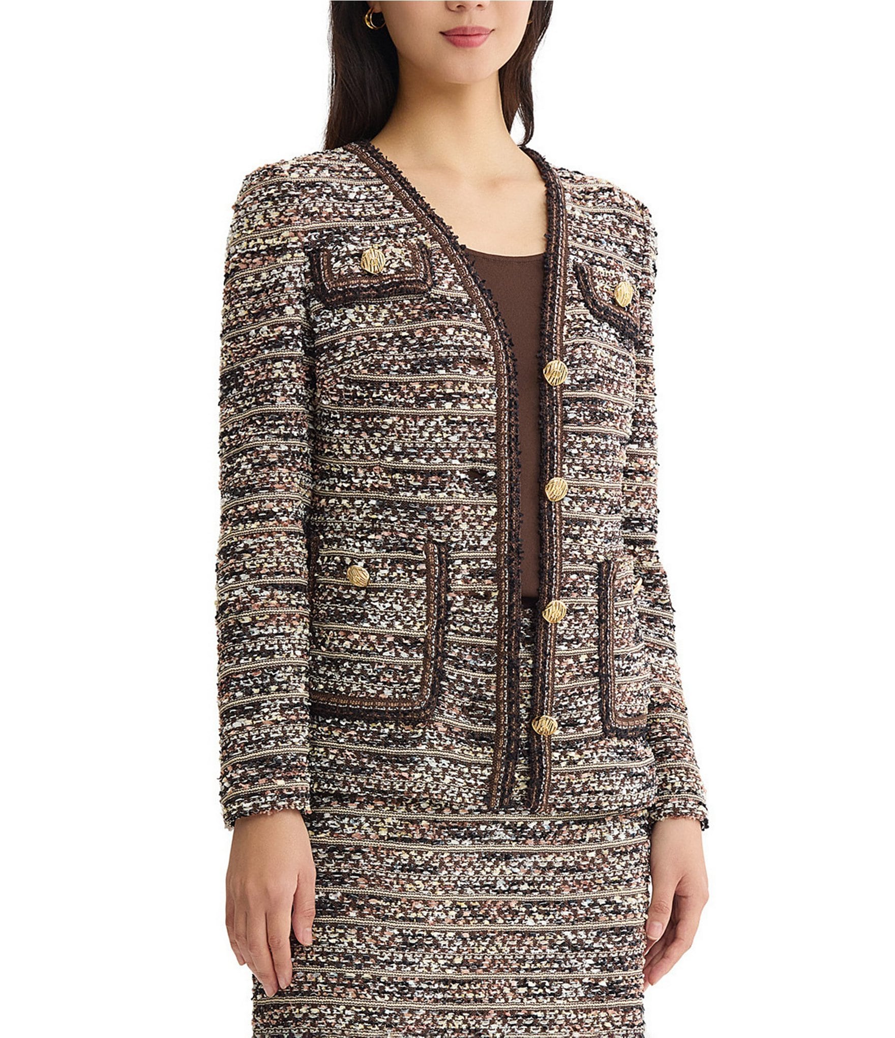 Ming Wang Eyelash Tweed Knit Multicolored Long Sleeve Button-Front Coordinating Jacket