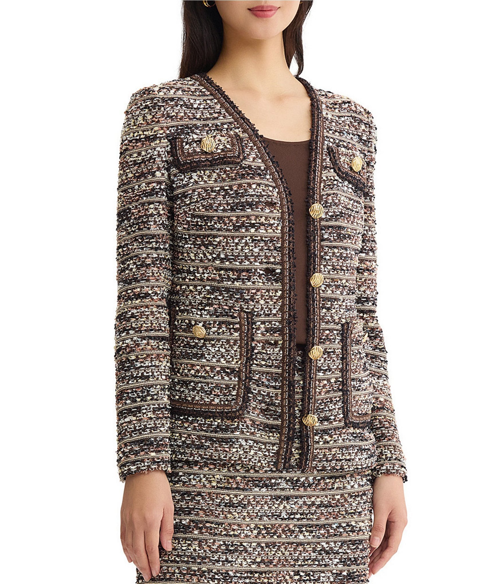 Ming Wang Eyelash Tweed Knit Multicolored Long Sleeve Button-Front Coordinating Jacket