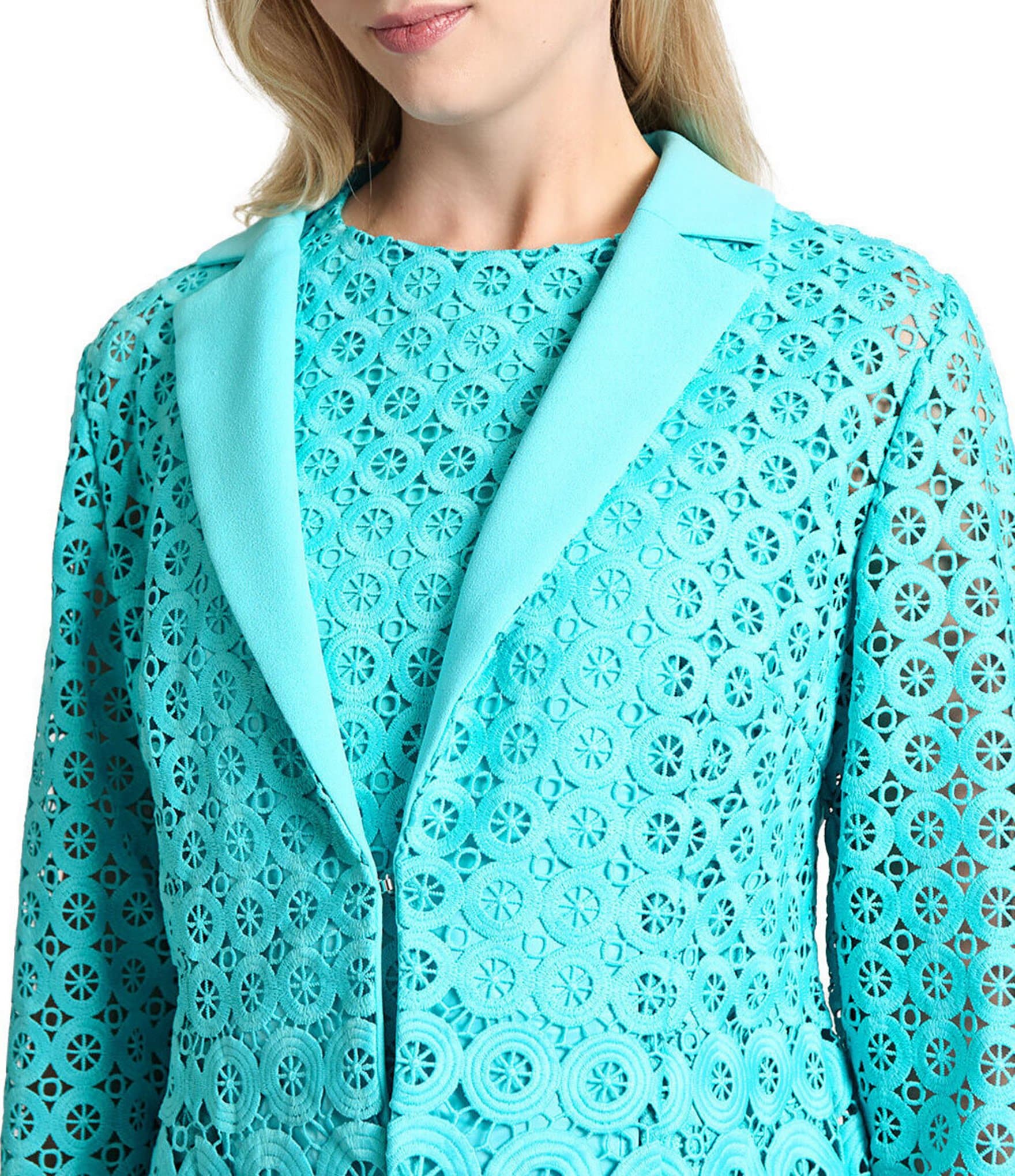 Ming Wang Eyelet Lace Cutout Notch Lapel V-Neck Long Sleeve Jacket