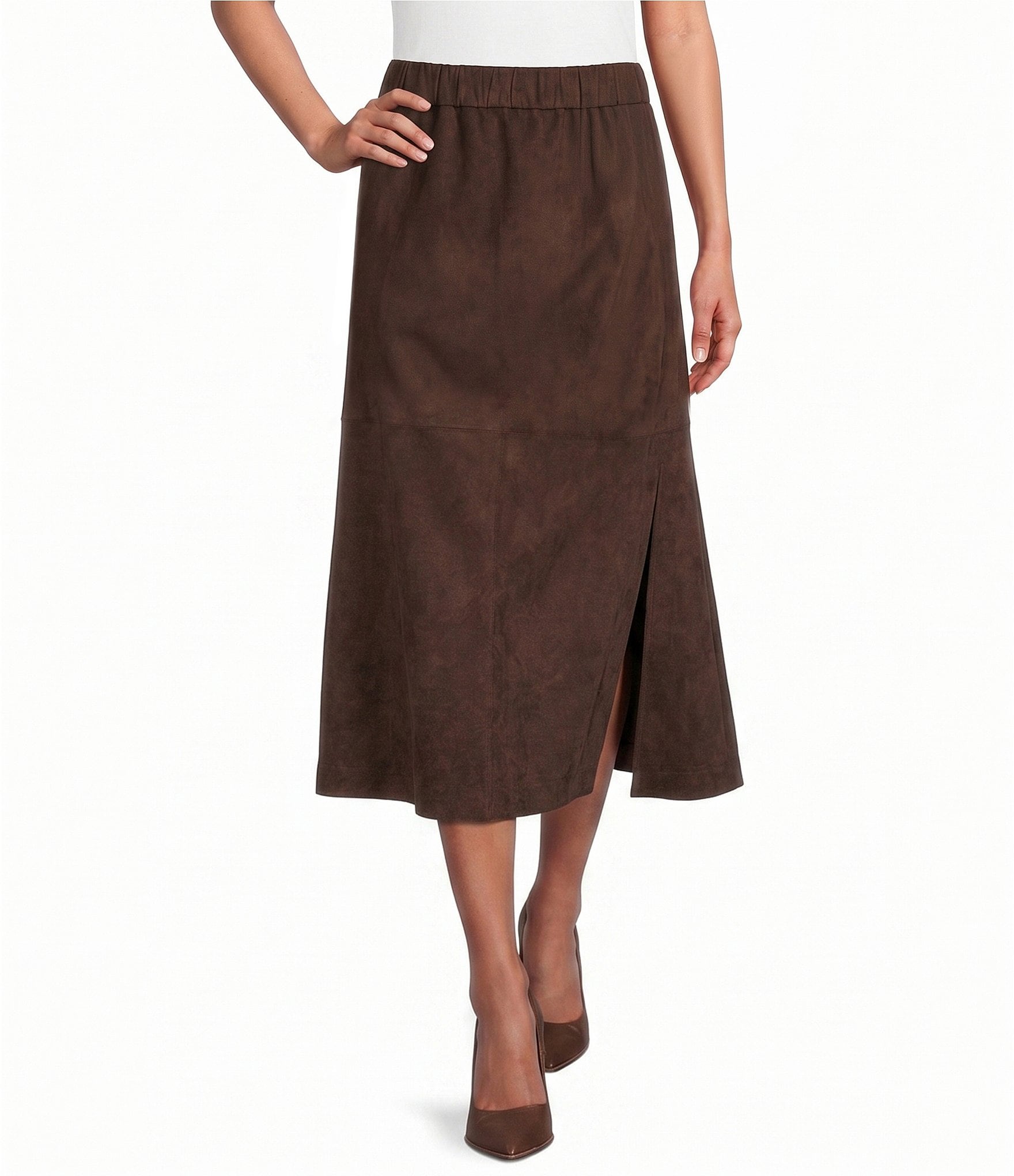 Ming Wang Faux Suede No-Roll Waistband Flared Pull-On Coordinating Maxi Skirt