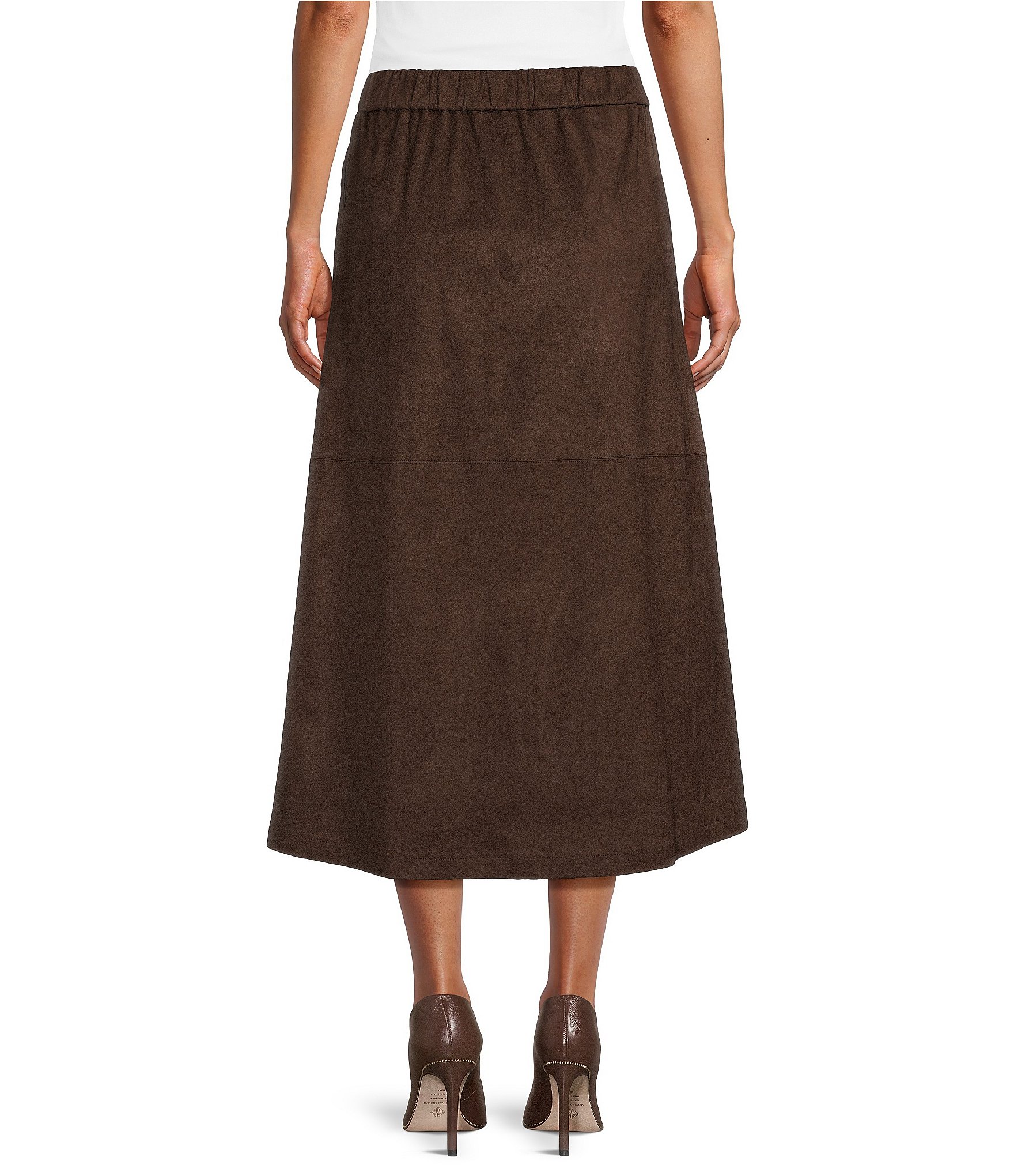 Ming Wang Faux Suede No-Roll Waistband Flared Pull-On Coordinating Maxi Skirt