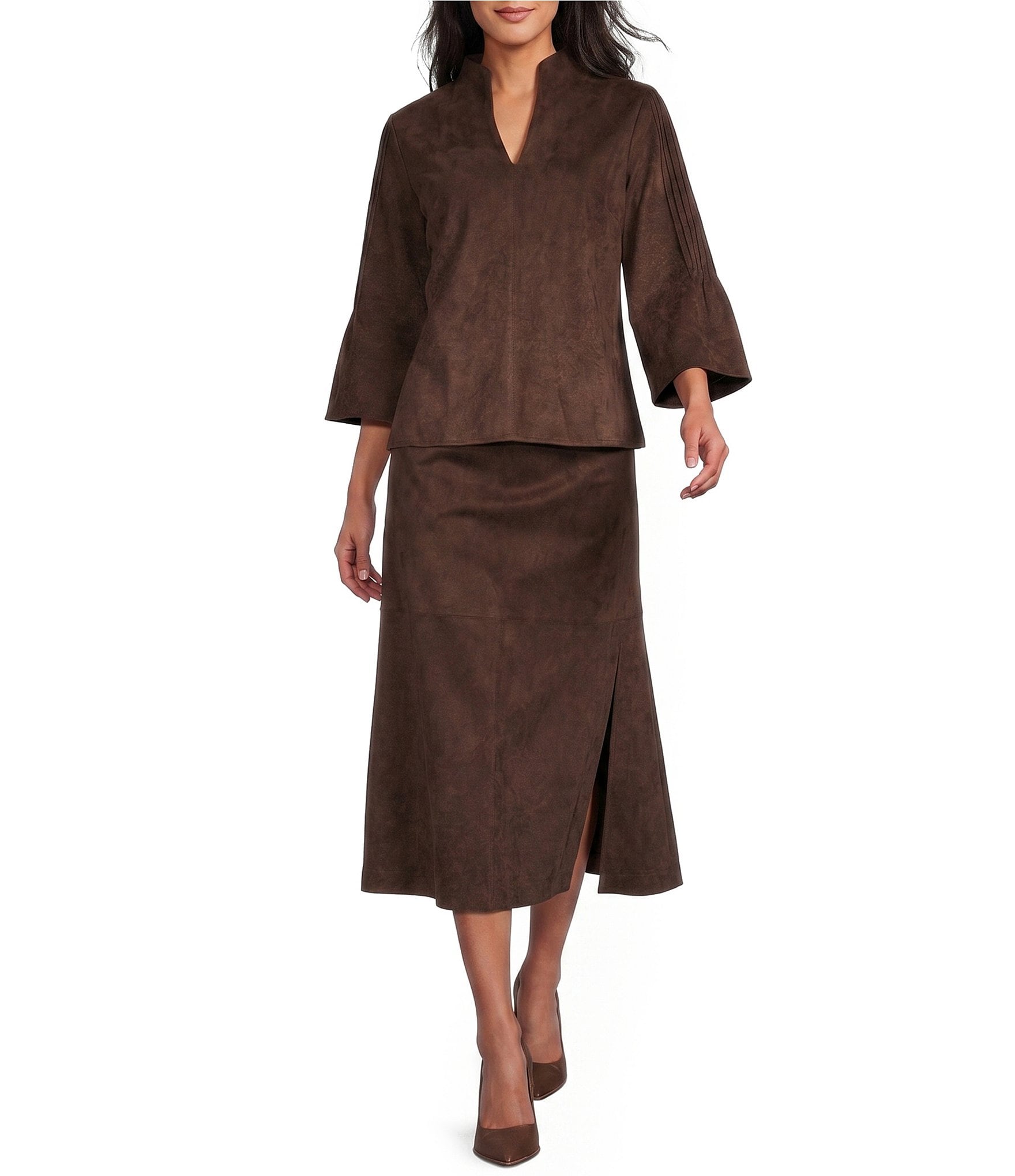 Ming Wang Faux Suede No-Roll Waistband Flared Pull-On Coordinating Maxi Skirt