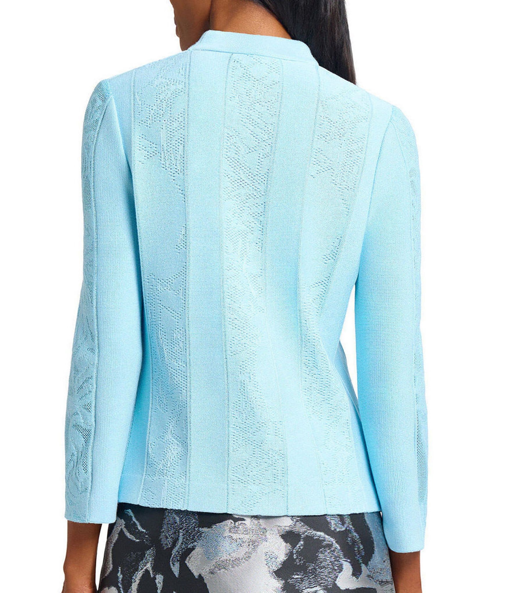 Ming Wang Floral Burnout Soft Knit Stand V-Neck Bracelet Sleeve Top