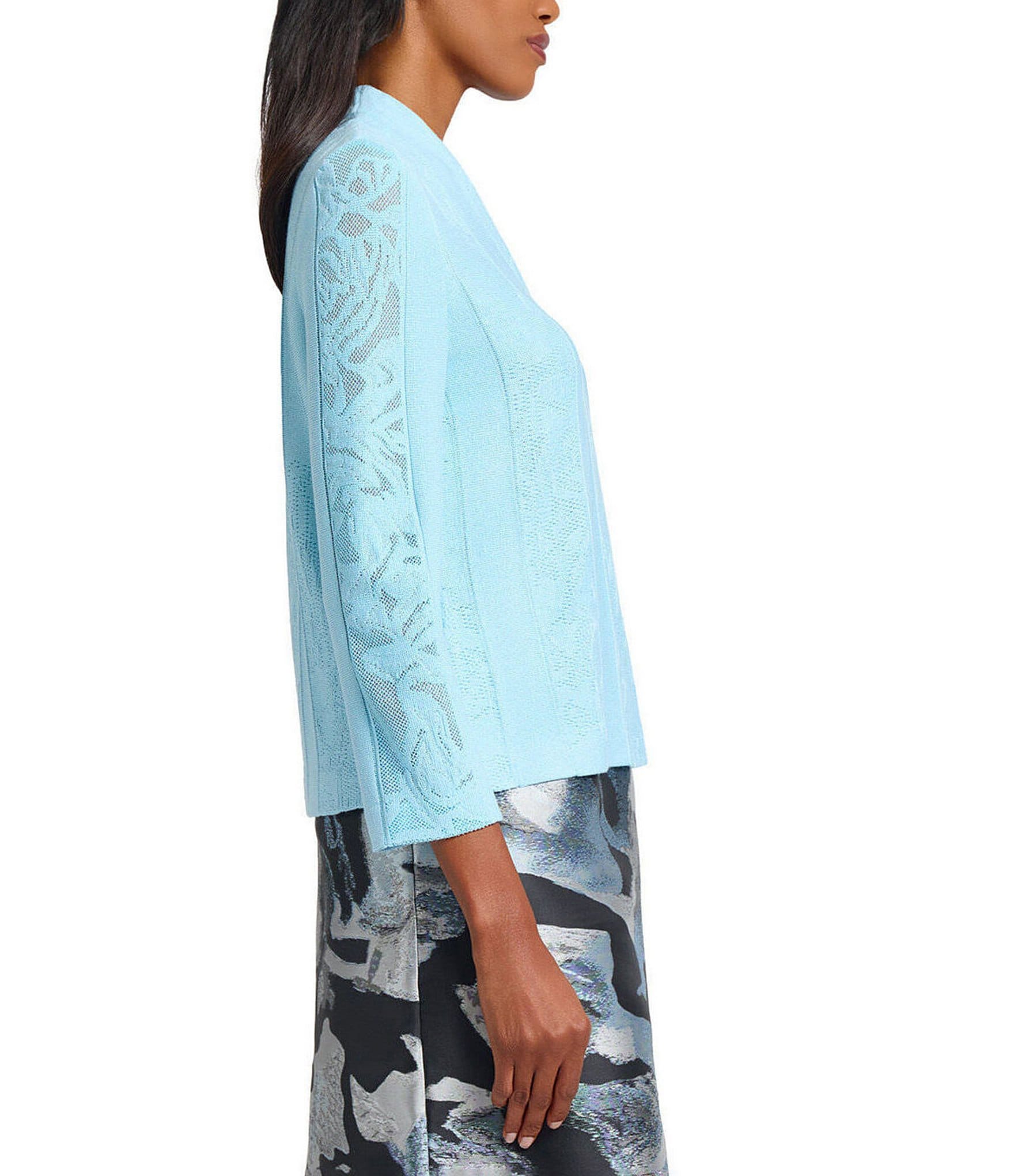 Ming Wang Floral Burnout Soft Knit Stand V-Neck Bracelet Sleeve Top