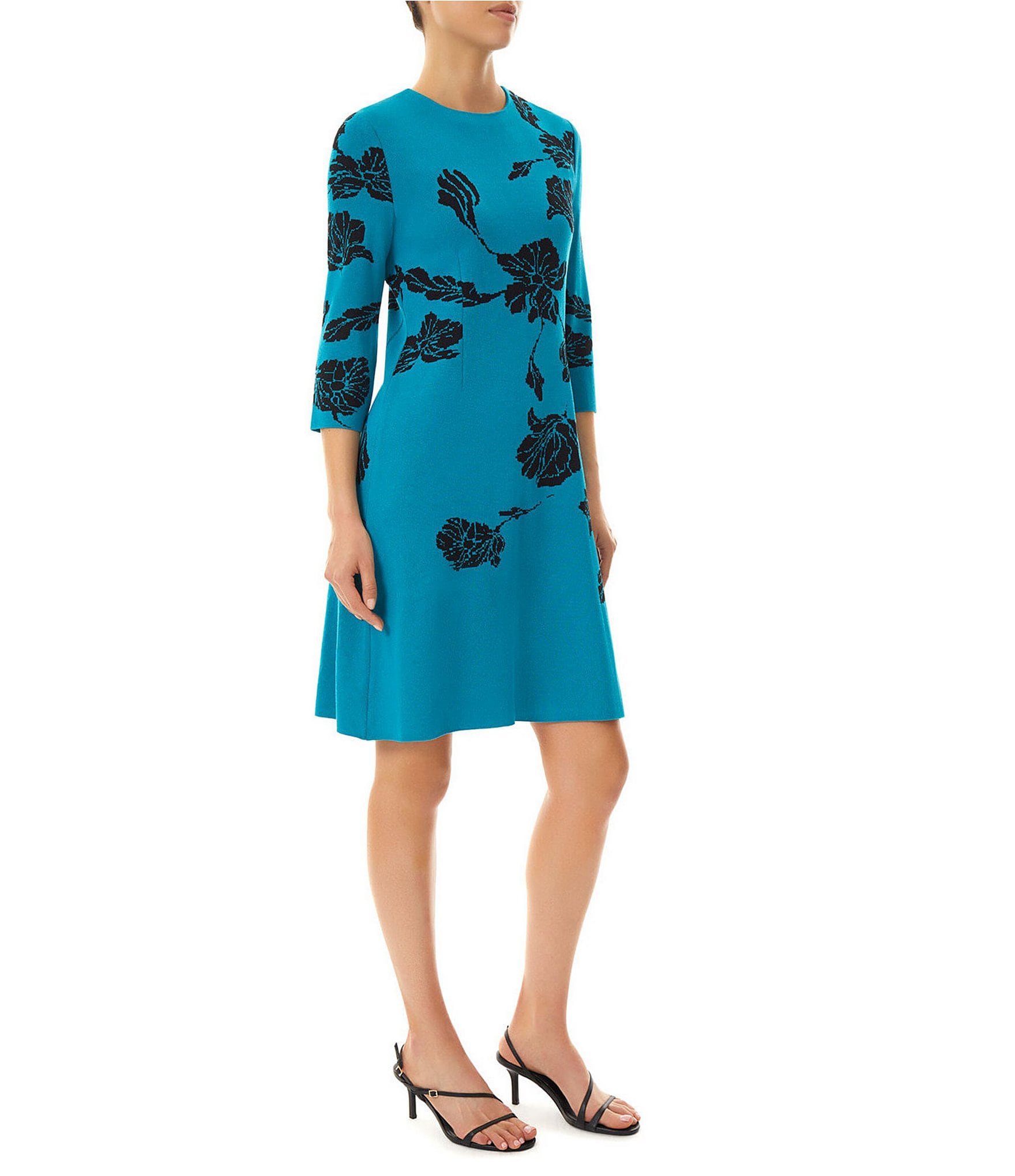 Ming Wang Floral Print Soft Knit Crew Neck 3/4 Sleeve Shift Dress ...