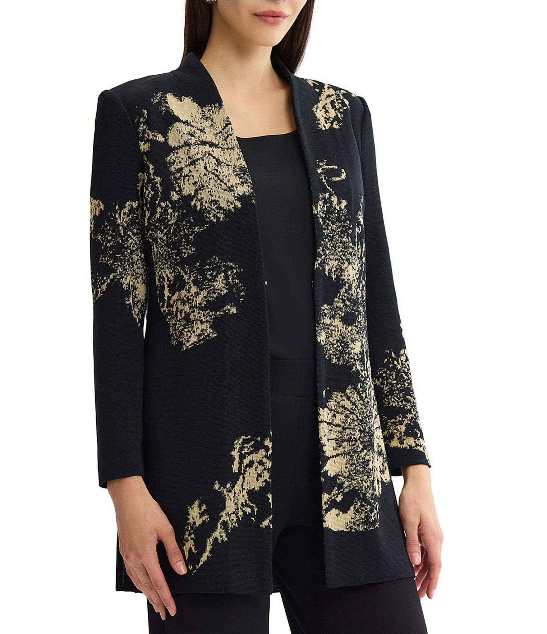 Ming Wang Jacquard Floral Lurex Knit Long Sleeve Jacket