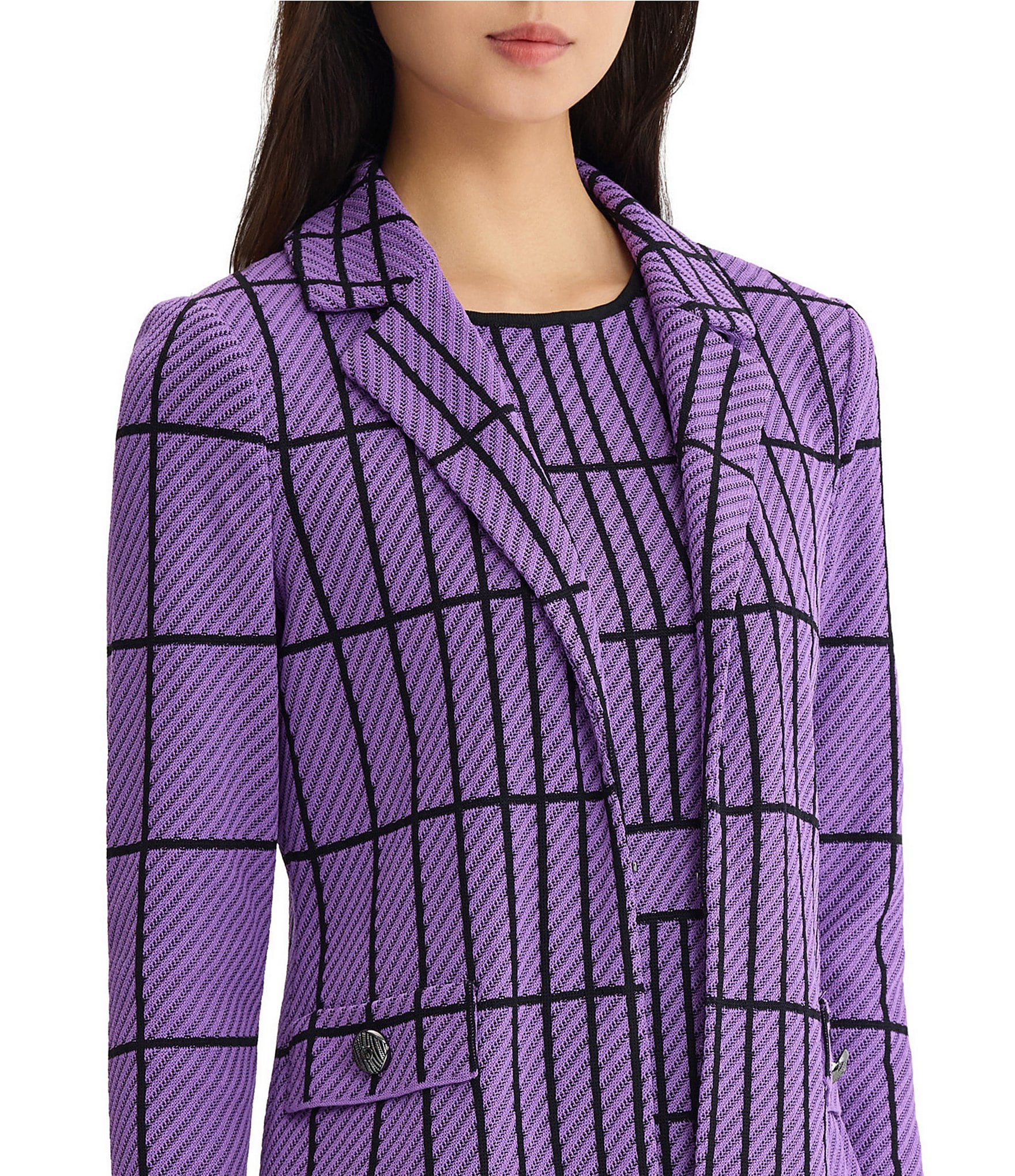 Ming Wang Jacquard Grid Knit Notch Lapel Collar Long Sleeve Coordinating Jacket