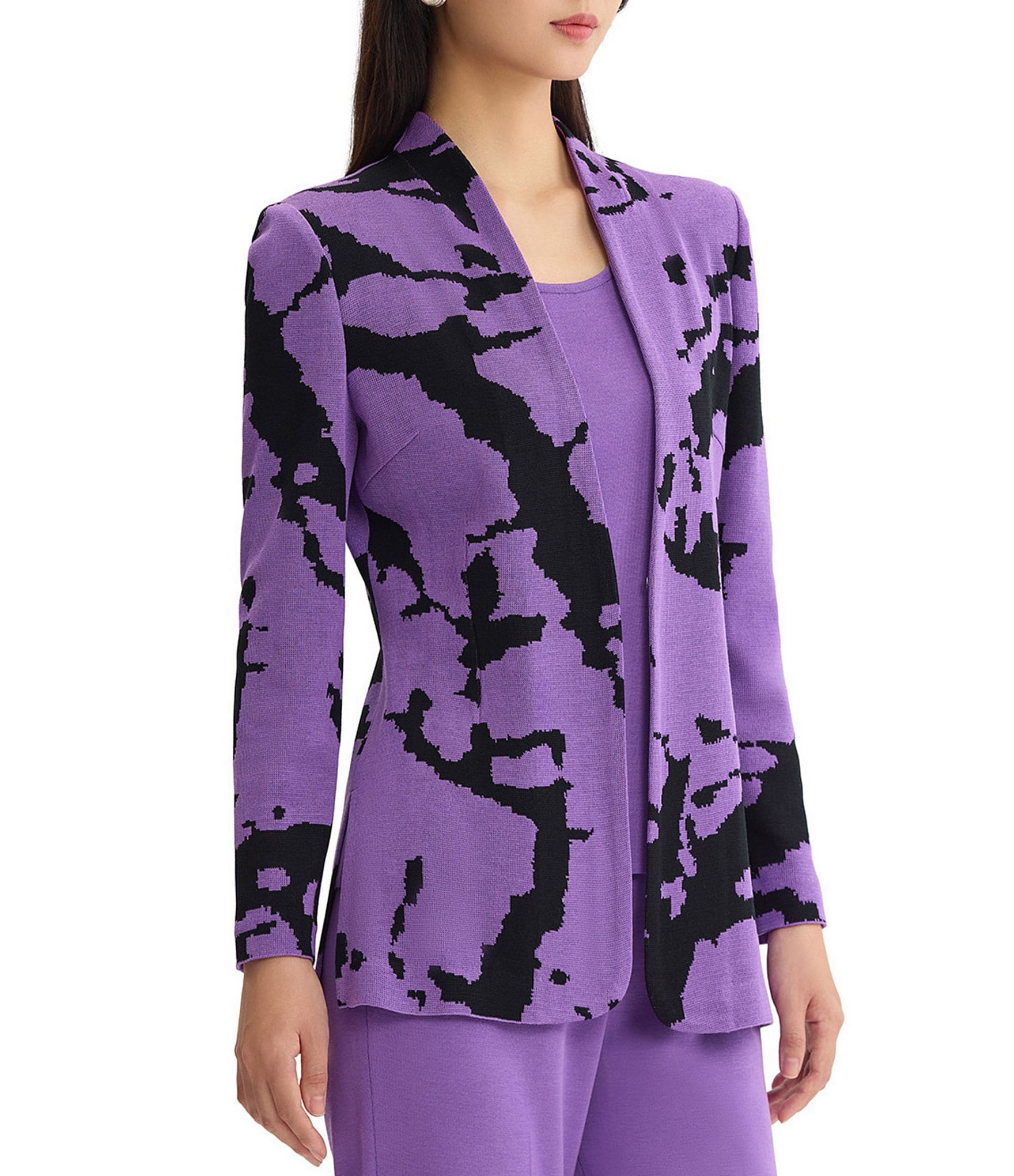 Ming Wang Jacquard Knit Abstract Mandarin Collar Long Sleeve Fitted Jacket