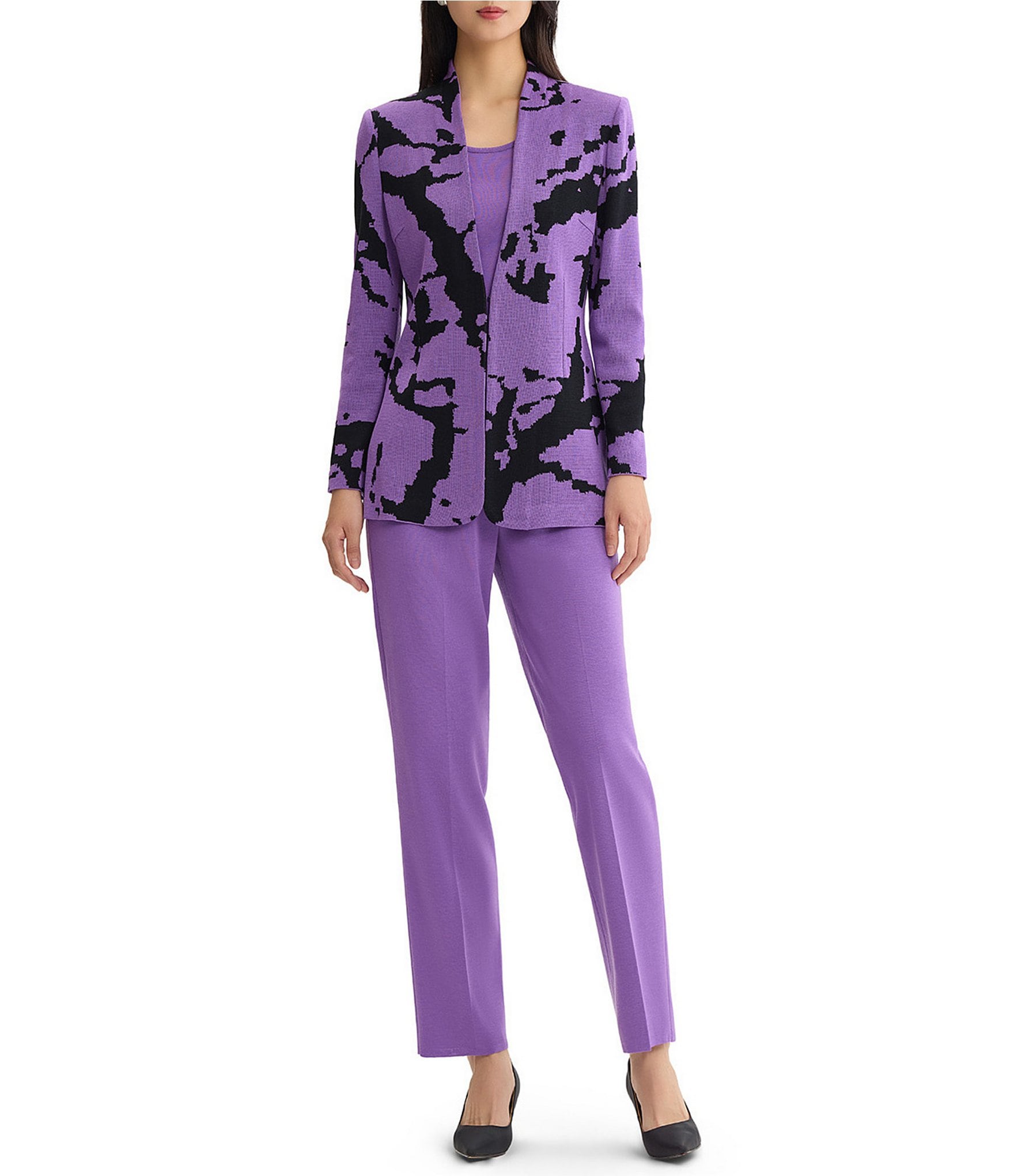 Ming Wang Jacquard Knit Abstract Mandarin Collar Long Sleeve Fitted Jacket