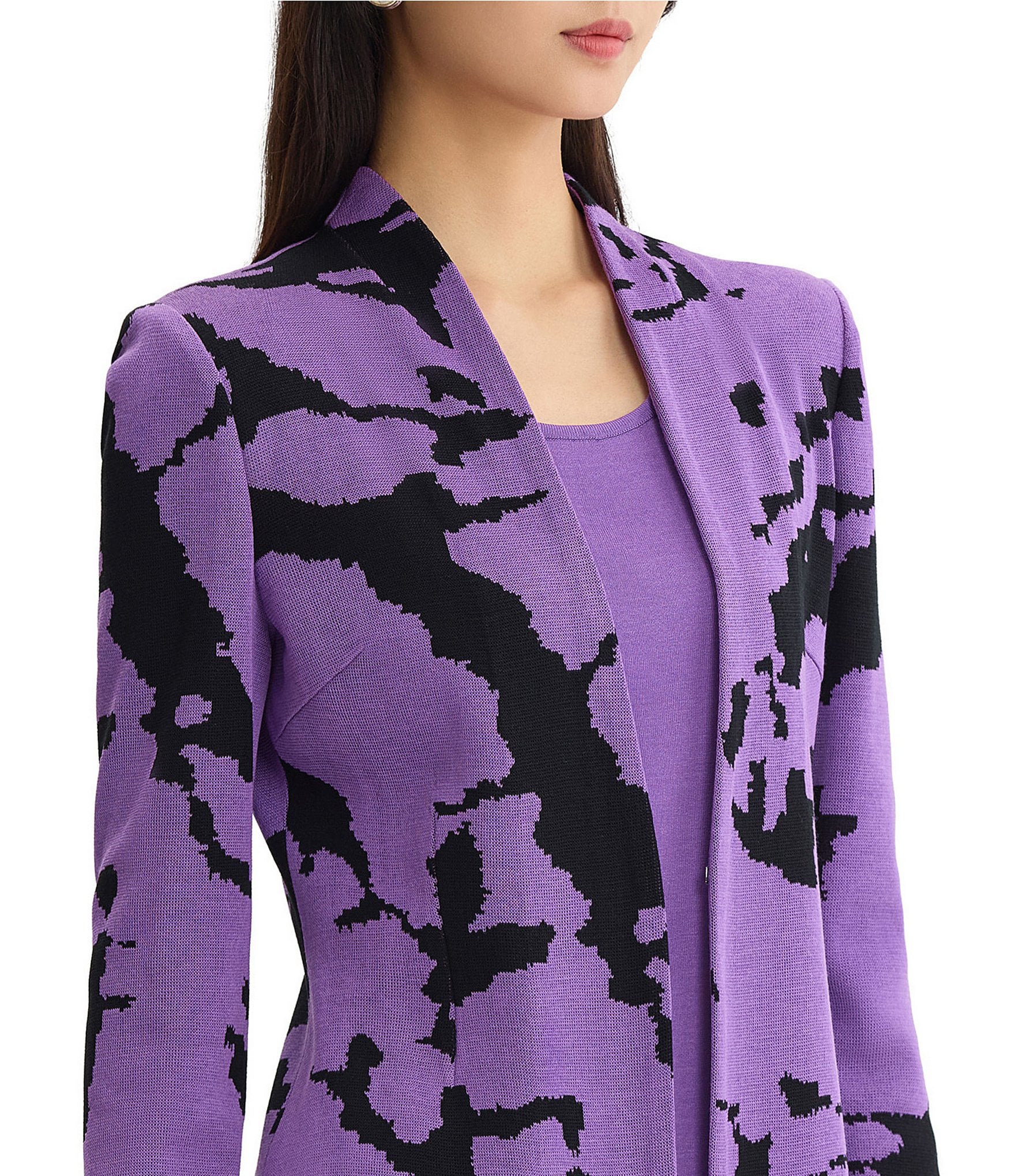 Ming Wang Jacquard Knit Abstract Mandarin Collar Long Sleeve Fitted Jacket