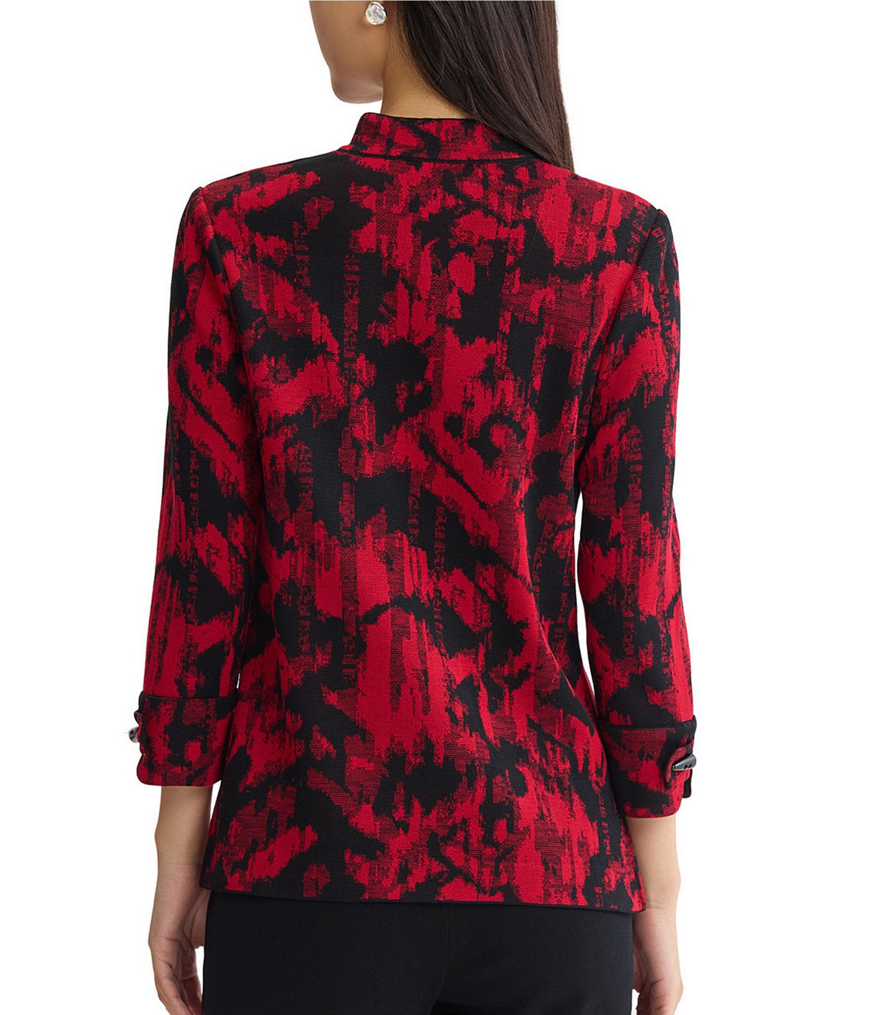 Ming Wang Jacquard Knit Abstract Stand Collar Bracelet Sleeve Single Button-Front Jacket