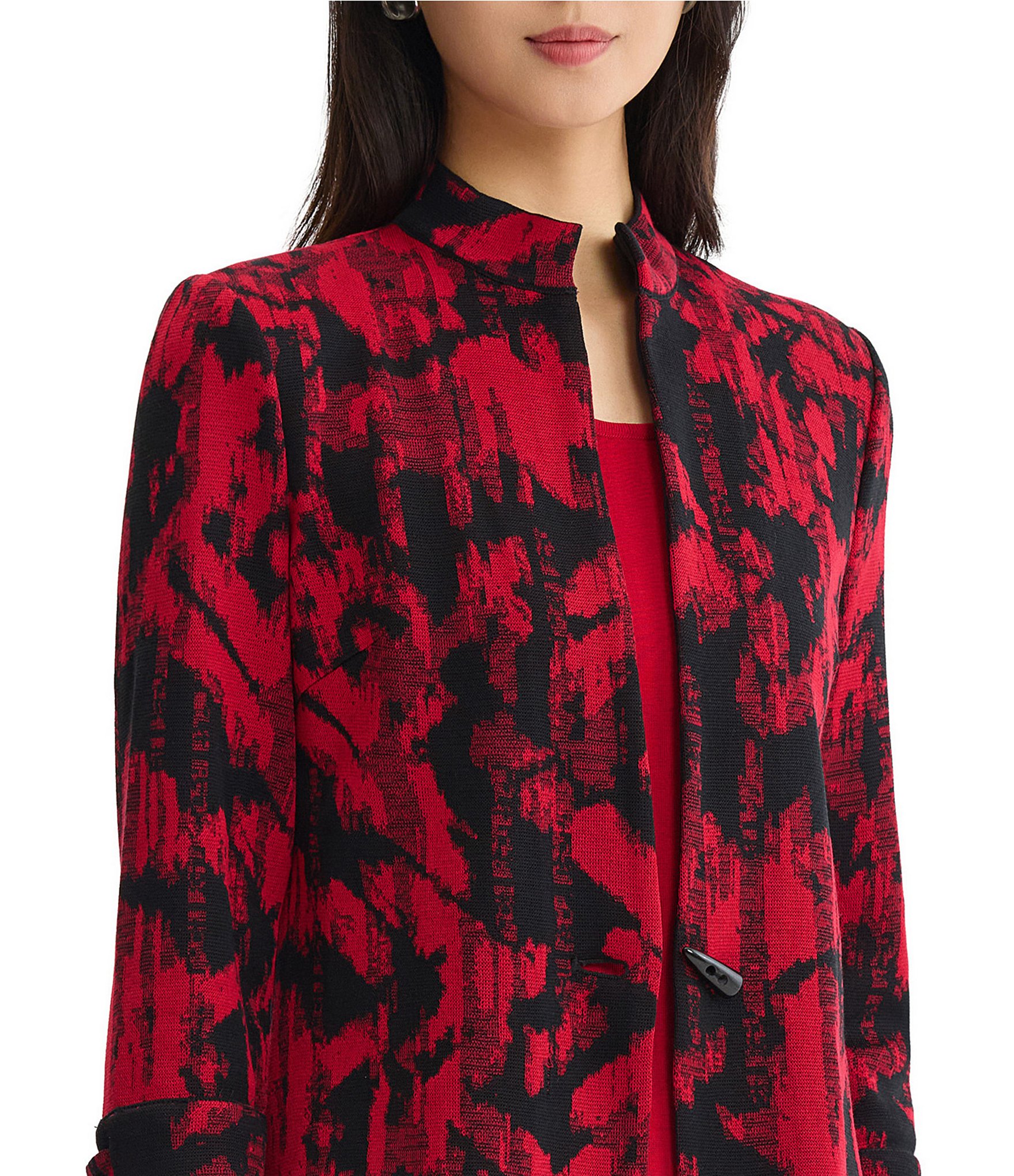 Ming Wang Jacquard Knit Abstract Stand Collar Bracelet Sleeve Single Button-Front Jacket