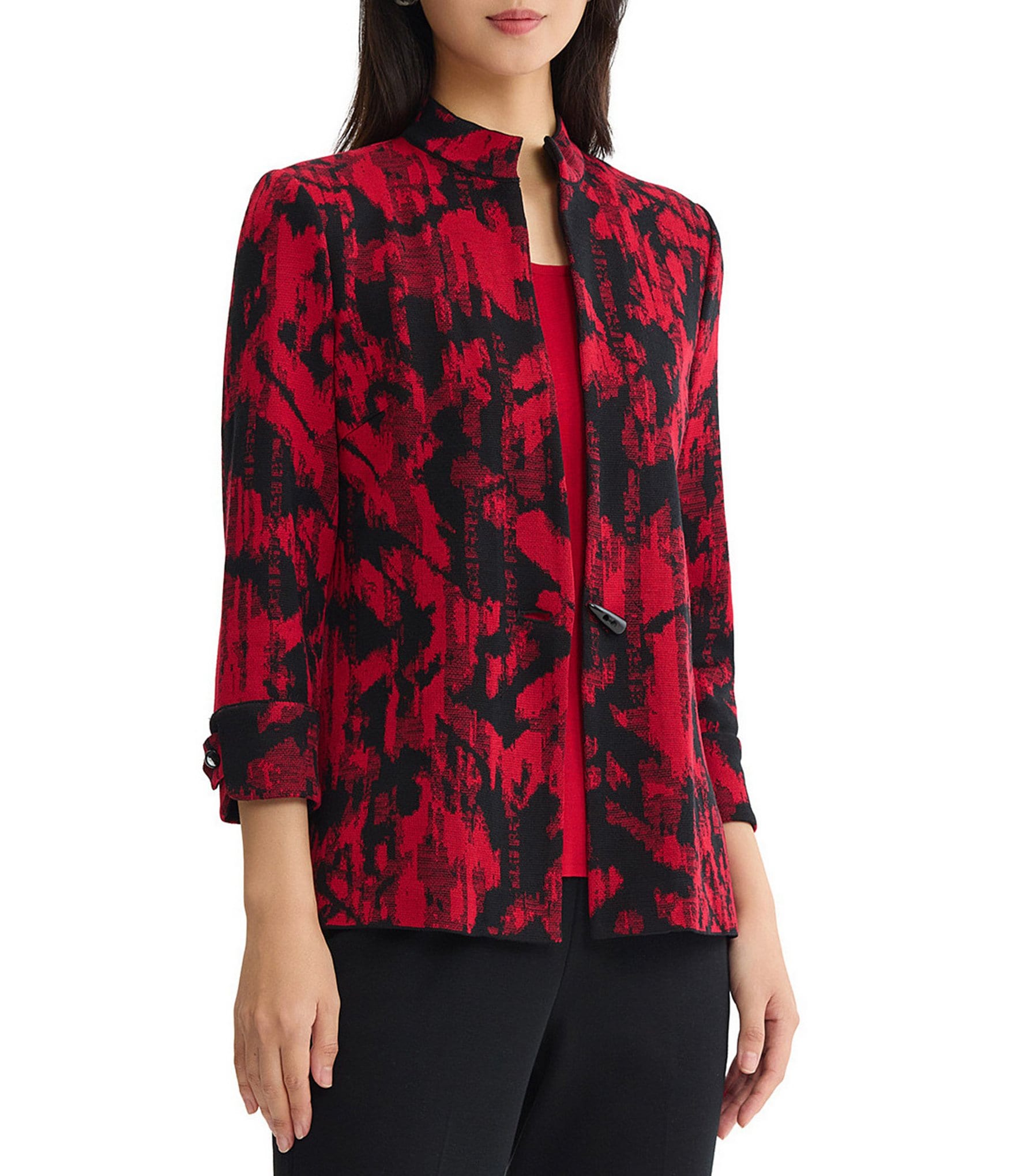 Ming Wang Jacquard Knit Abstract Stand Collar Bracelet Sleeve Single Button-Front Jacket