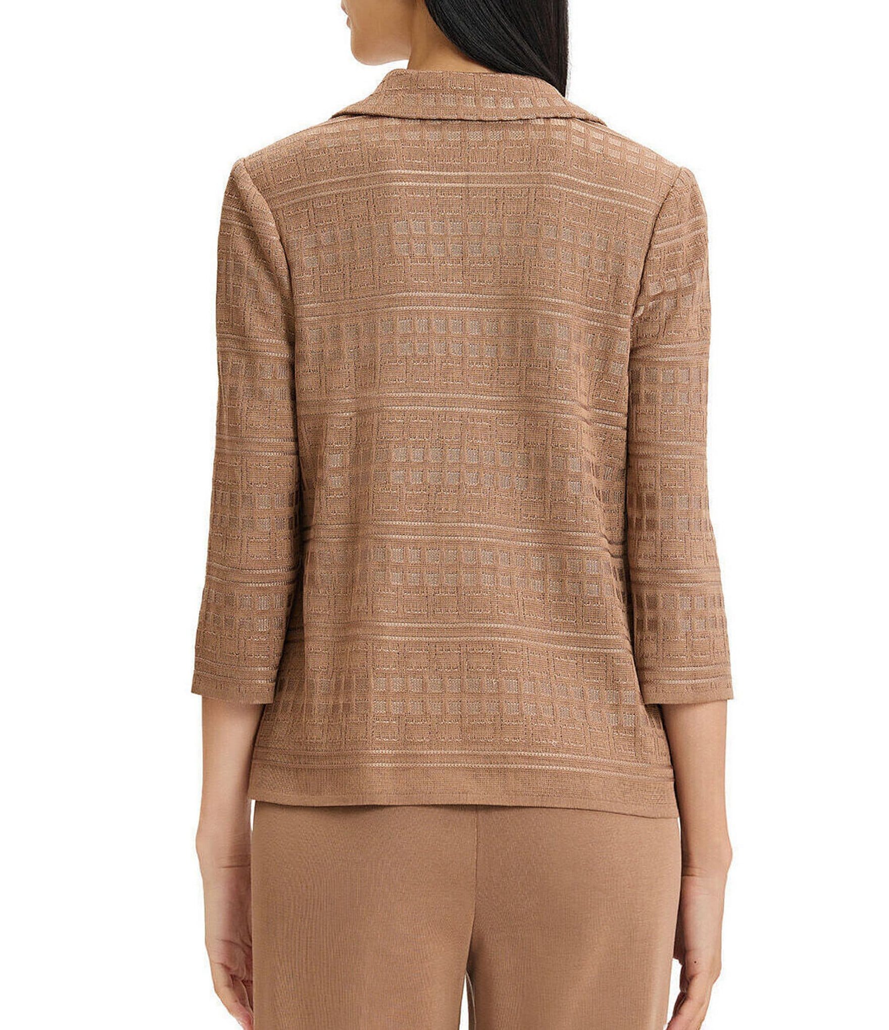 Ming Wang Jacquard Knit Tonal Wing Collar 3/4 Sleeve One-Front Button Jacket
