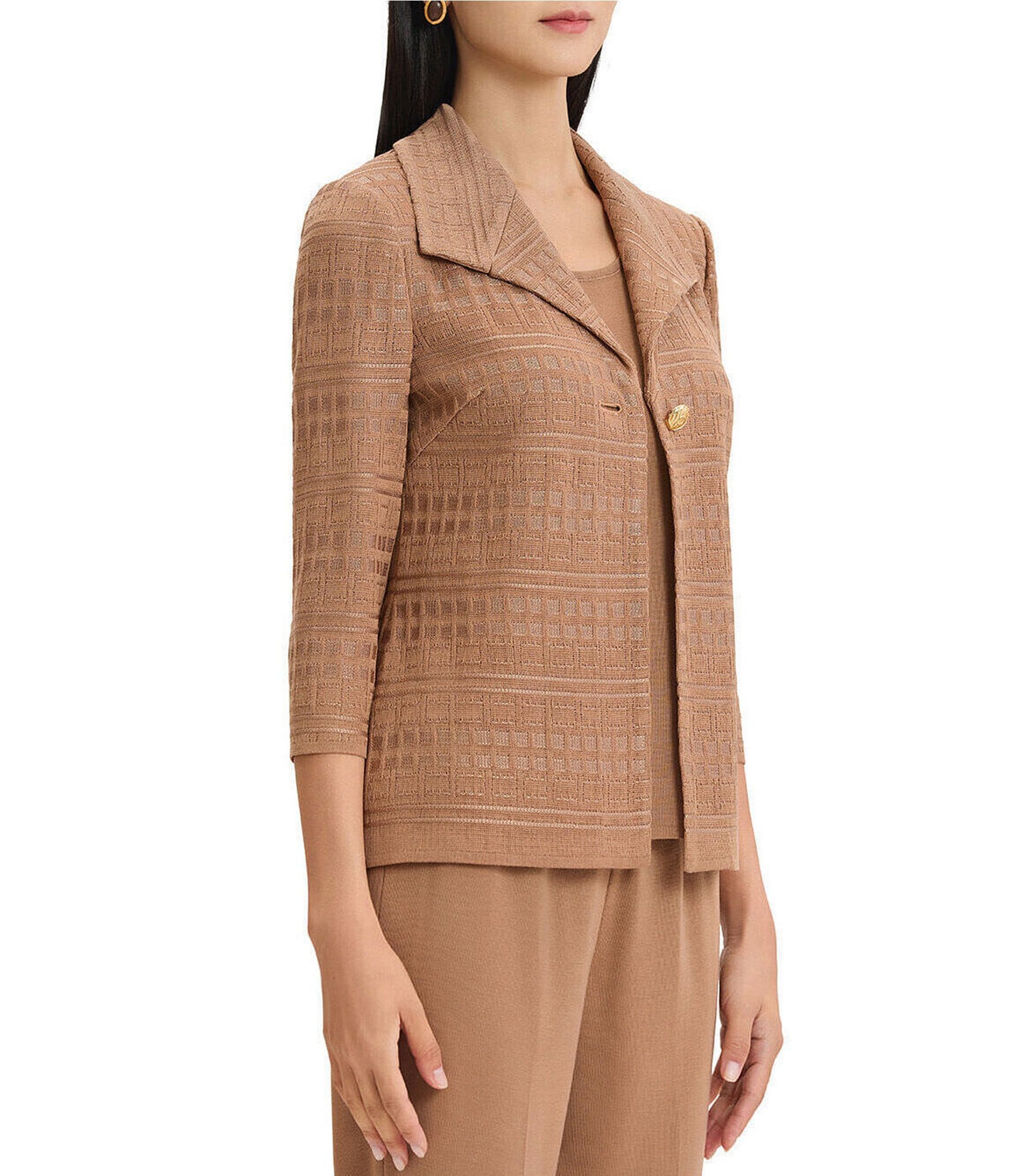 Ming Wang Jacquard Knit Tonal Wing Collar 3/4 Sleeve One-Front Button Jacket