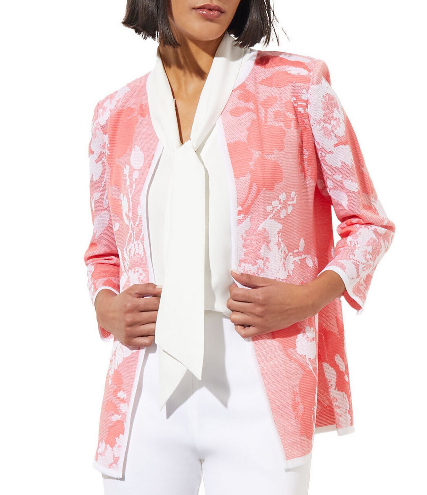 Ming Wang Jacquard Knit Trimmed Floral Print 3/4 Sleeve Jacket