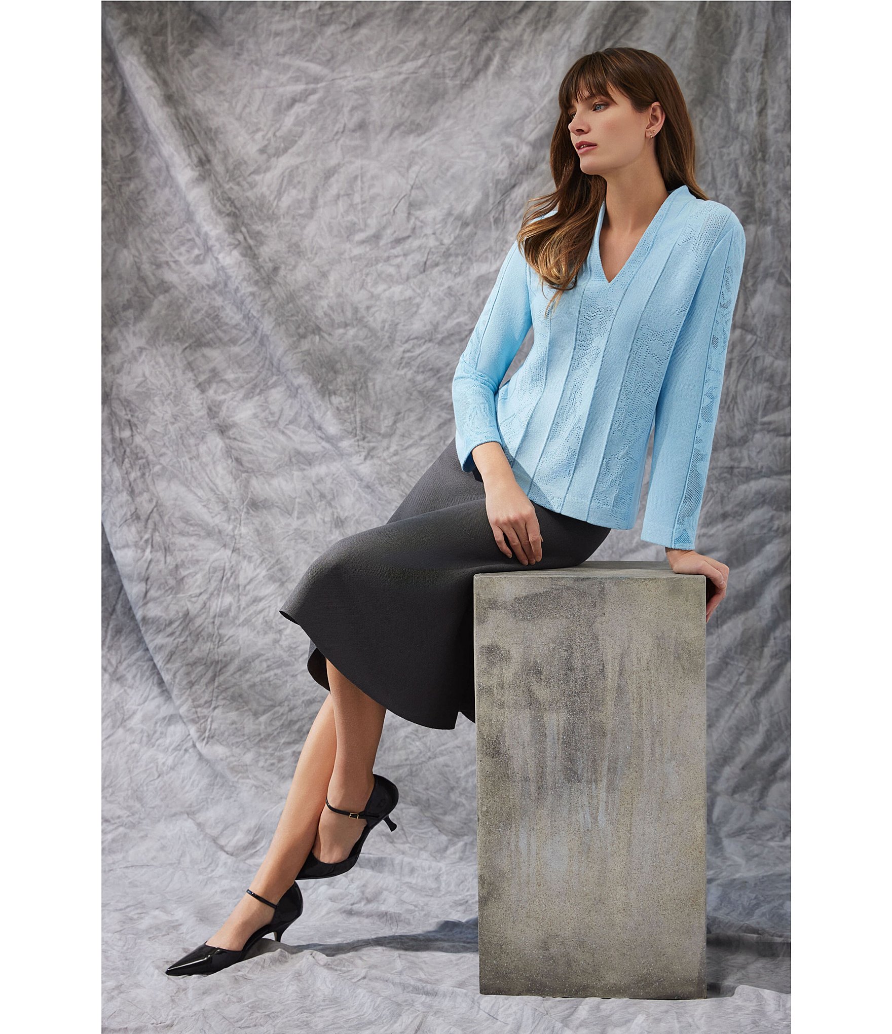 Ming Wang Knit Elastic Waist A-line Midi Skirt