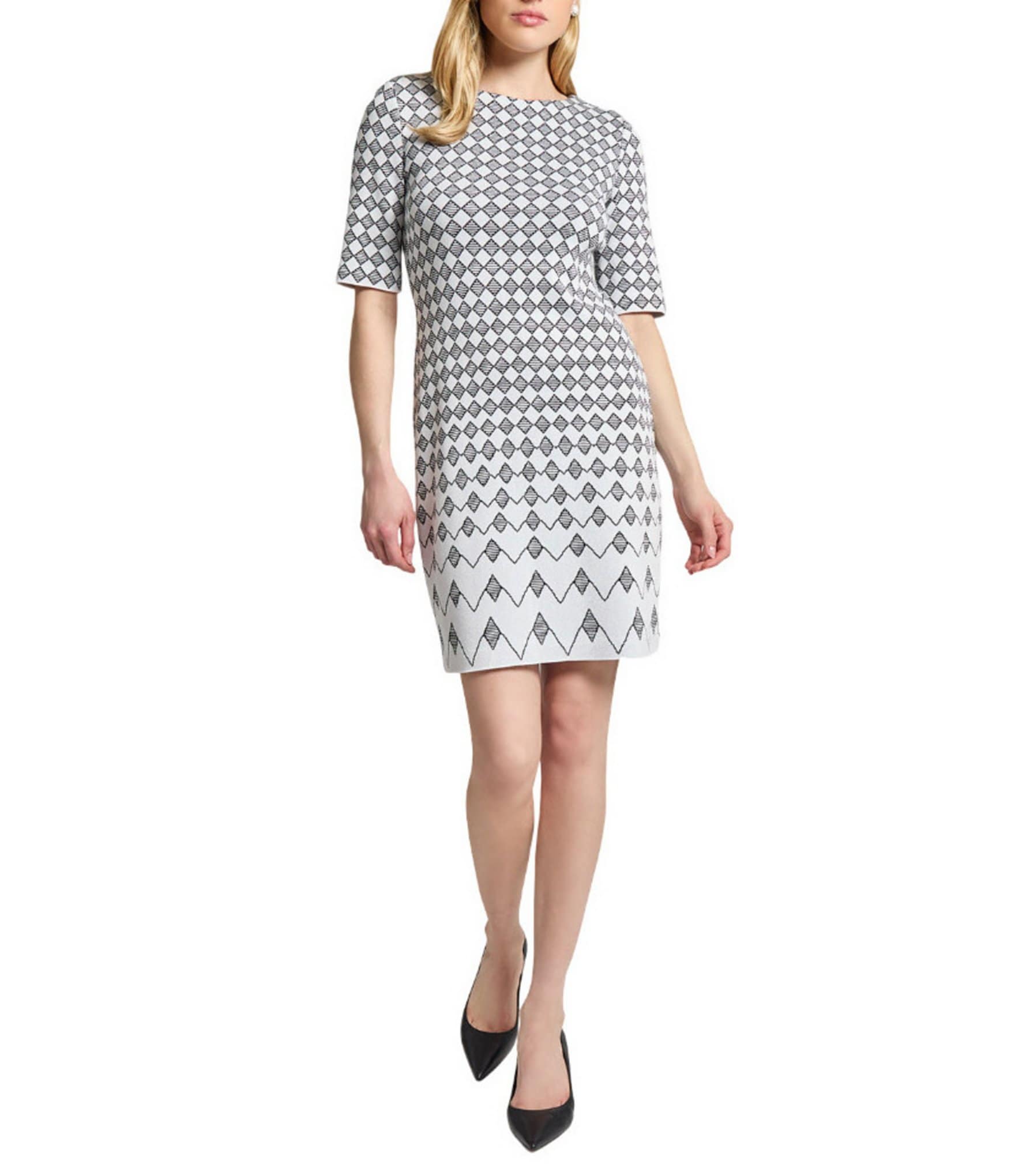 Ming Wang Knit Jacquard Geo Print Round Neck Elbow Sleeve Dress
