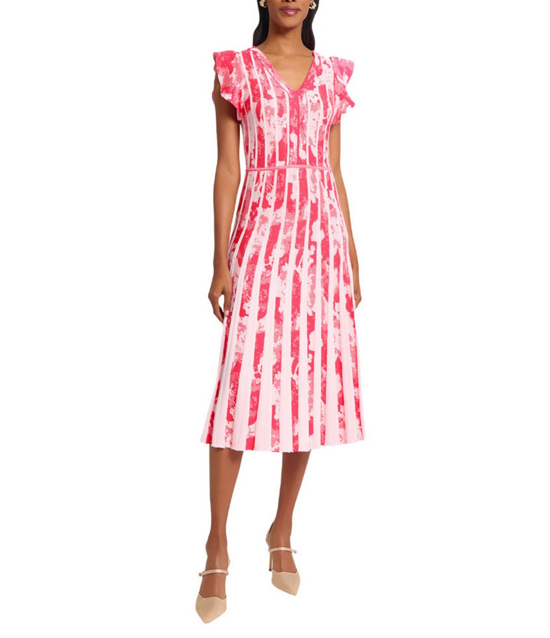 Ming Wang Knit Jacquard V-Neck Flutter Sleeve Fit-And-Flare Midi Dress