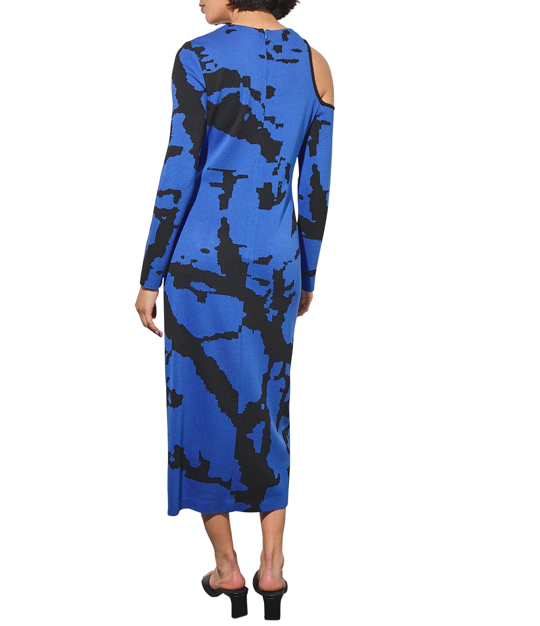 Ming Wang Knit Round Neck Long Sleeve Abstract Print Midi Sheath Dress