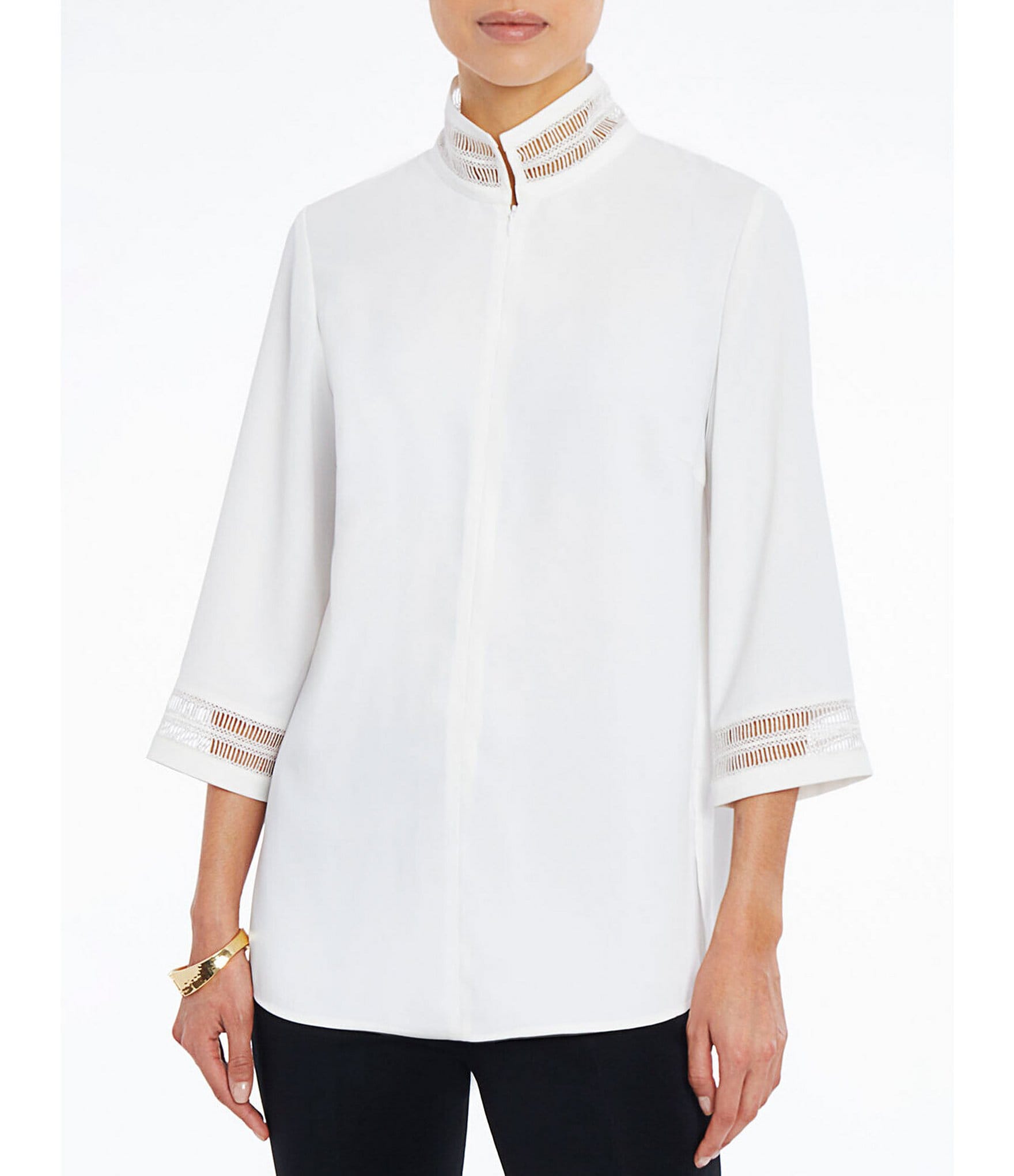 Ming Wang Lace Trim 3/4 Sleeve Mandarin Collar Shirt | Dillard's