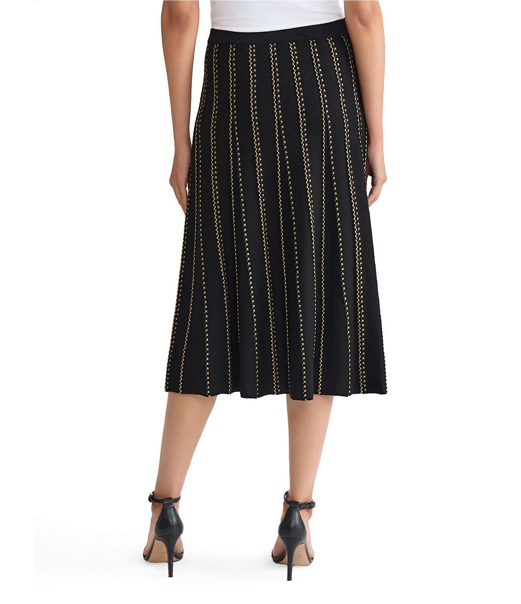 Ming Wang Lurex Knit Coordinating Stripe A-Line Midi Skirt
