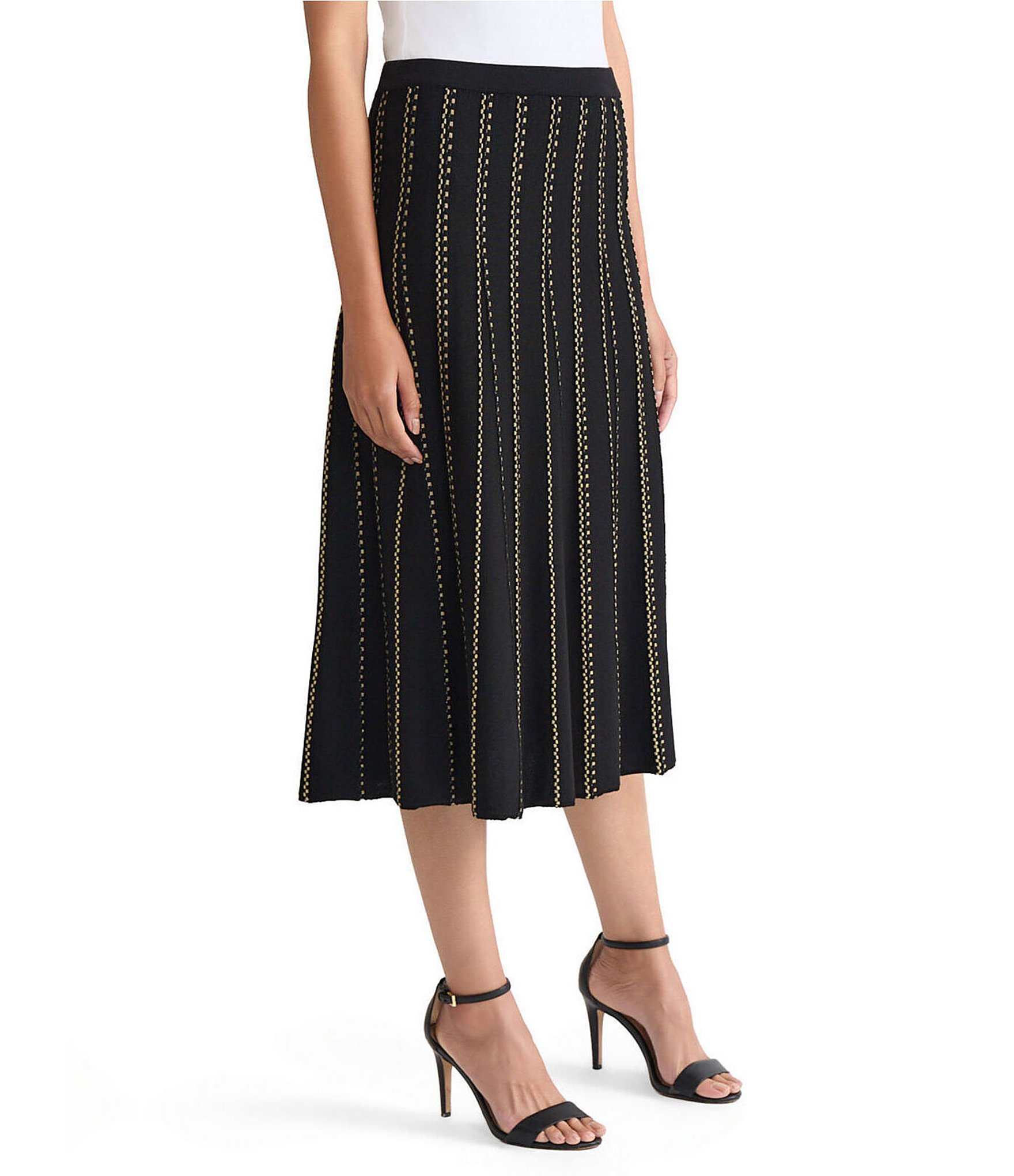 Ming Wang Lurex Knit Coordinating Stripe A-Line Midi Skirt