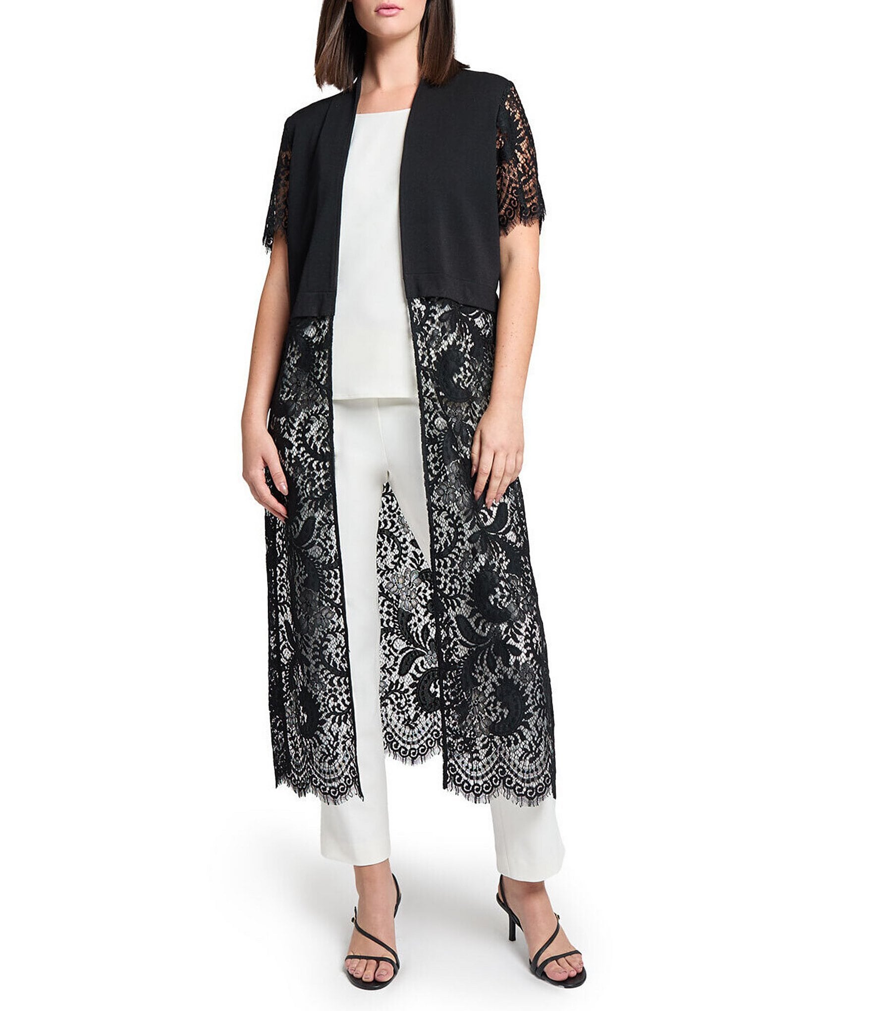Ming Wang Mixed-Media Lace Knit Open Front Short Sleeve Duster