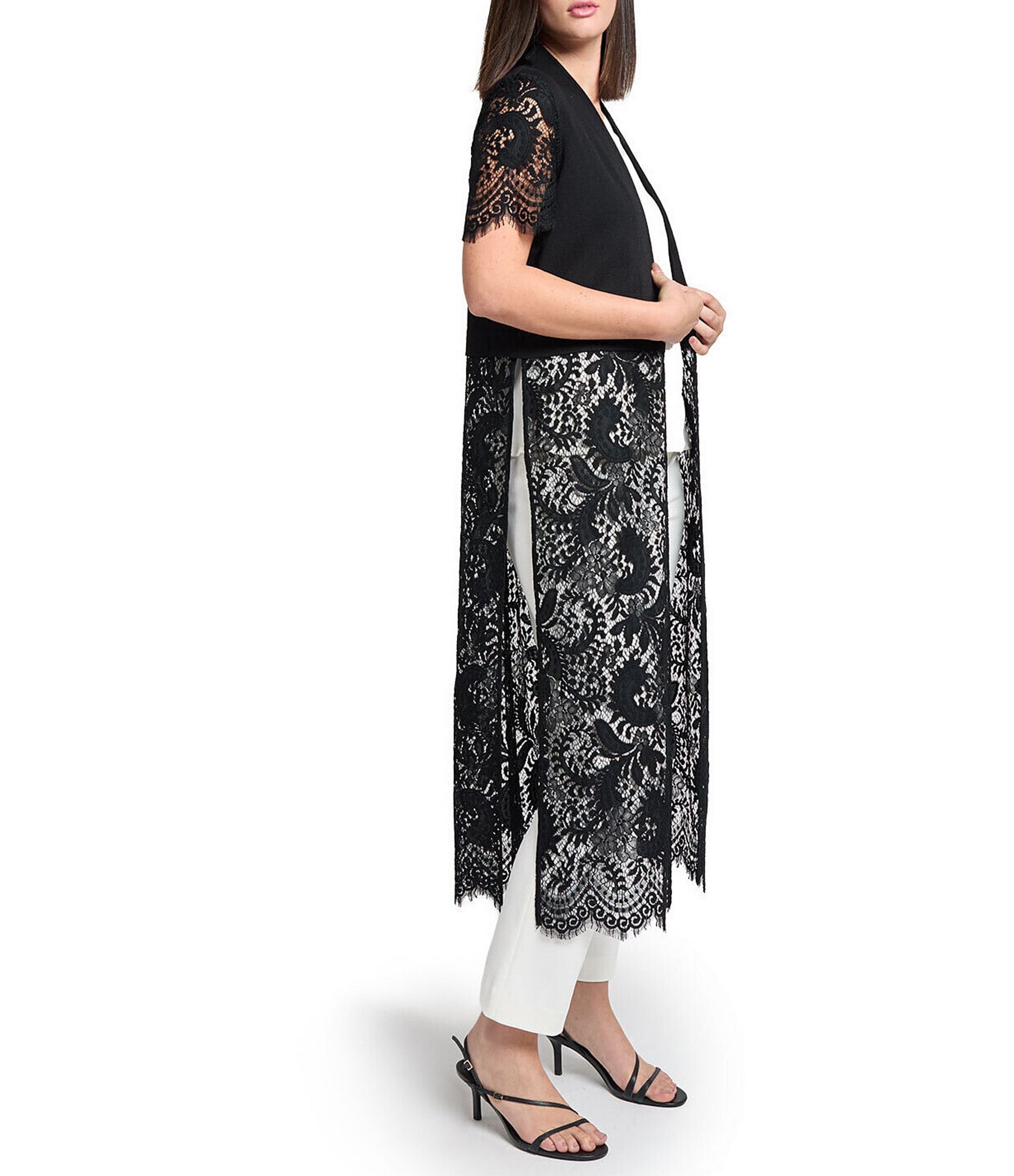 Ming Wang Mixed-Media Lace Knit Open Front Short Sleeve Duster