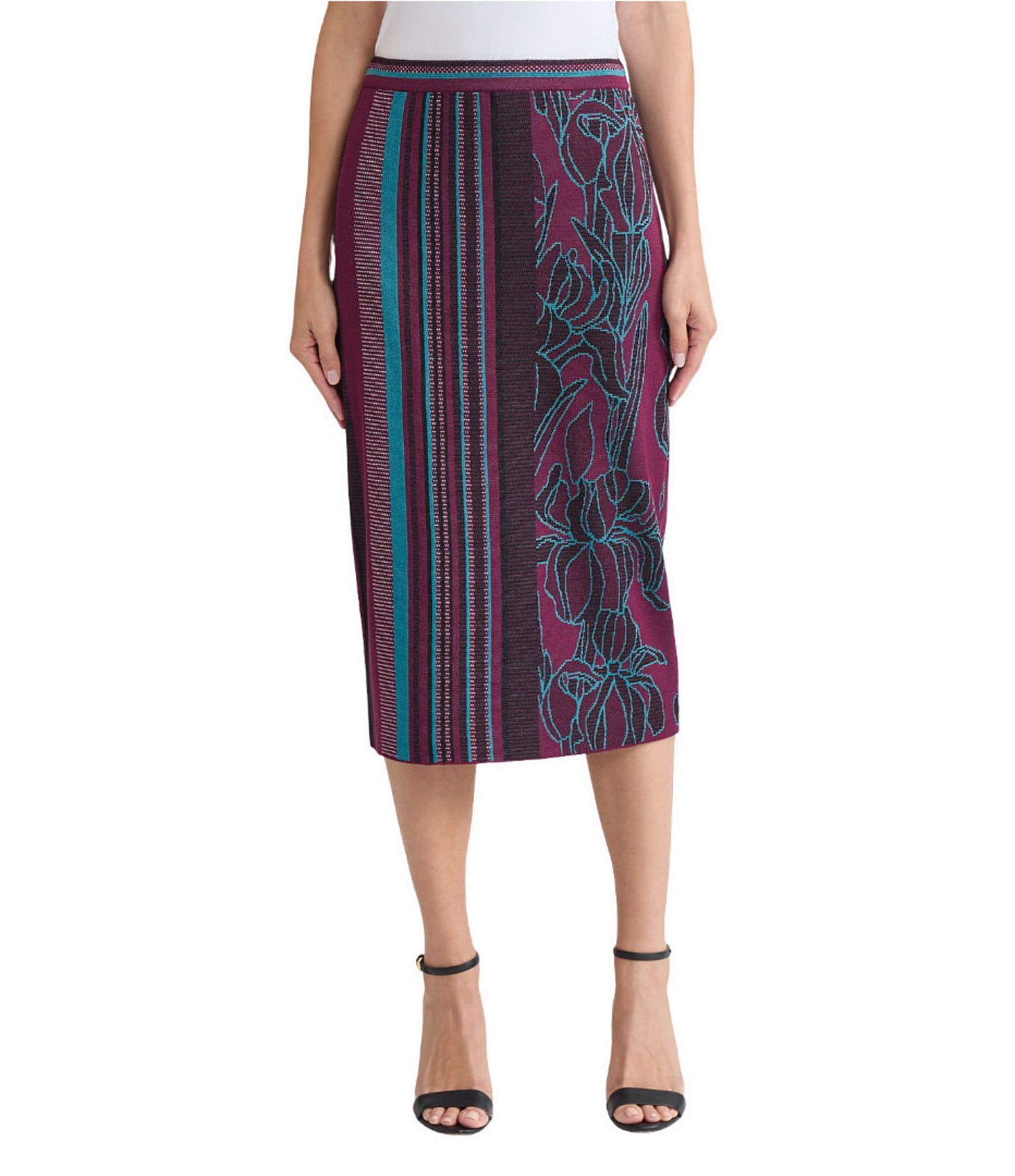 Ming Wang Multi-Pattern Jacquard Soft Knit Straight Midi Skirt