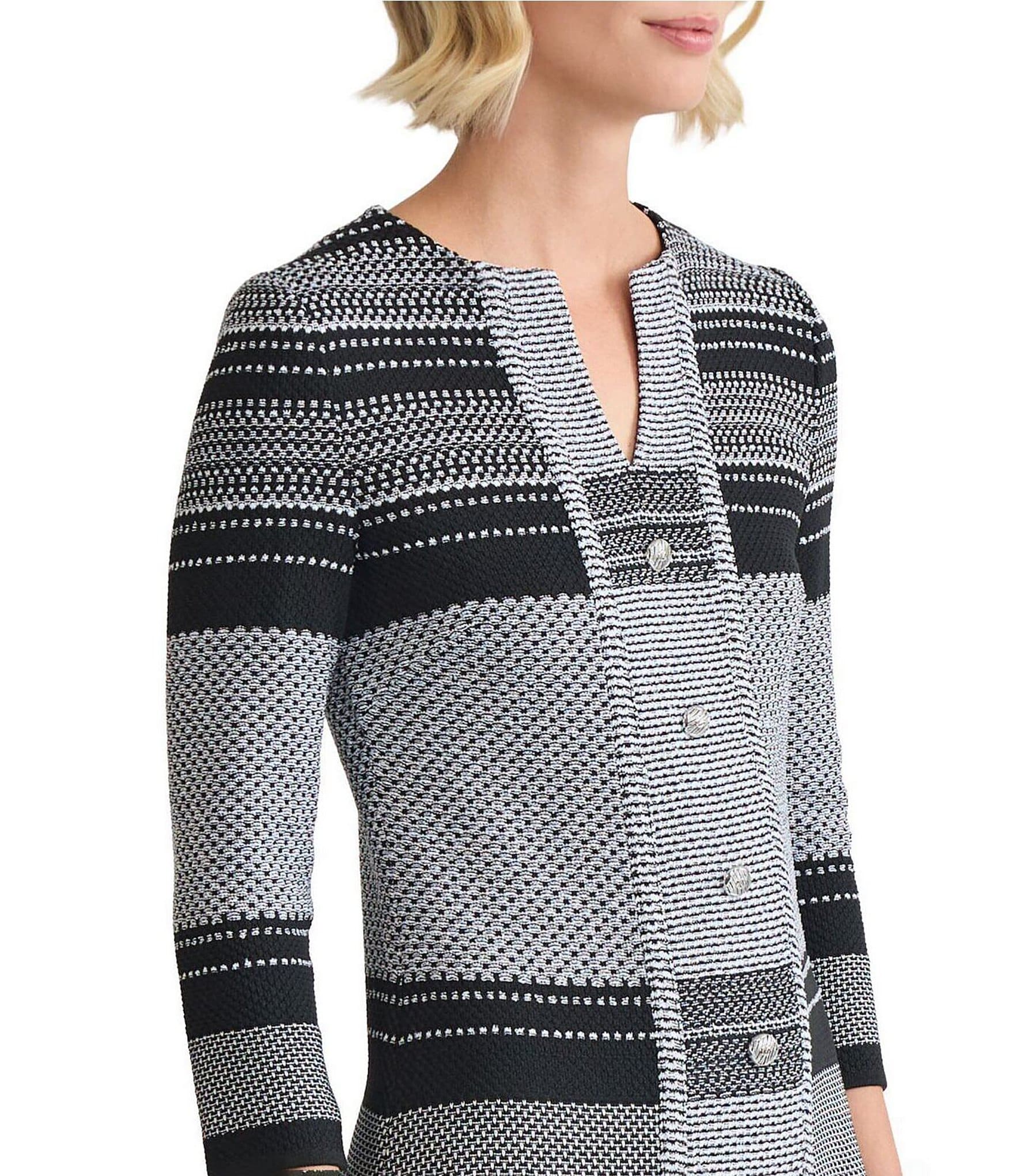 Ming Wang Multi-Stitch Stripe Knit Split V-Neck Bracelet Sleeve A-Line Dress