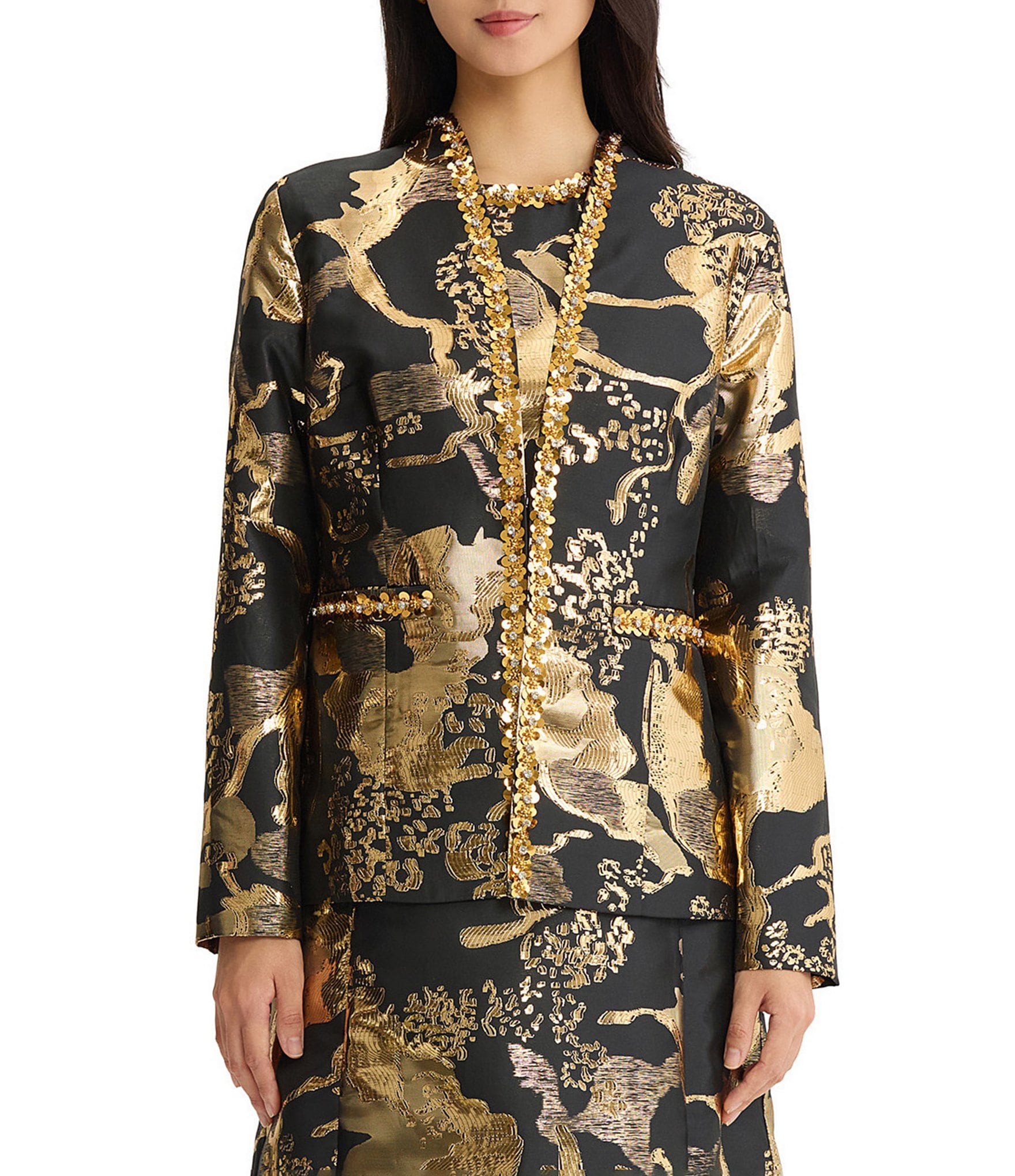 Ming Wang Novelty Jacquard Woven Gold Shimmer Sequin Trim Coordinating Jacket