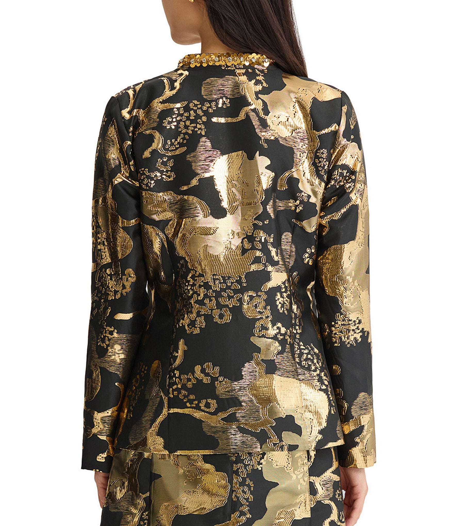 Ming Wang Novelty Jacquard Woven Gold Shimmer Sequin Trim Coordinating Jacket