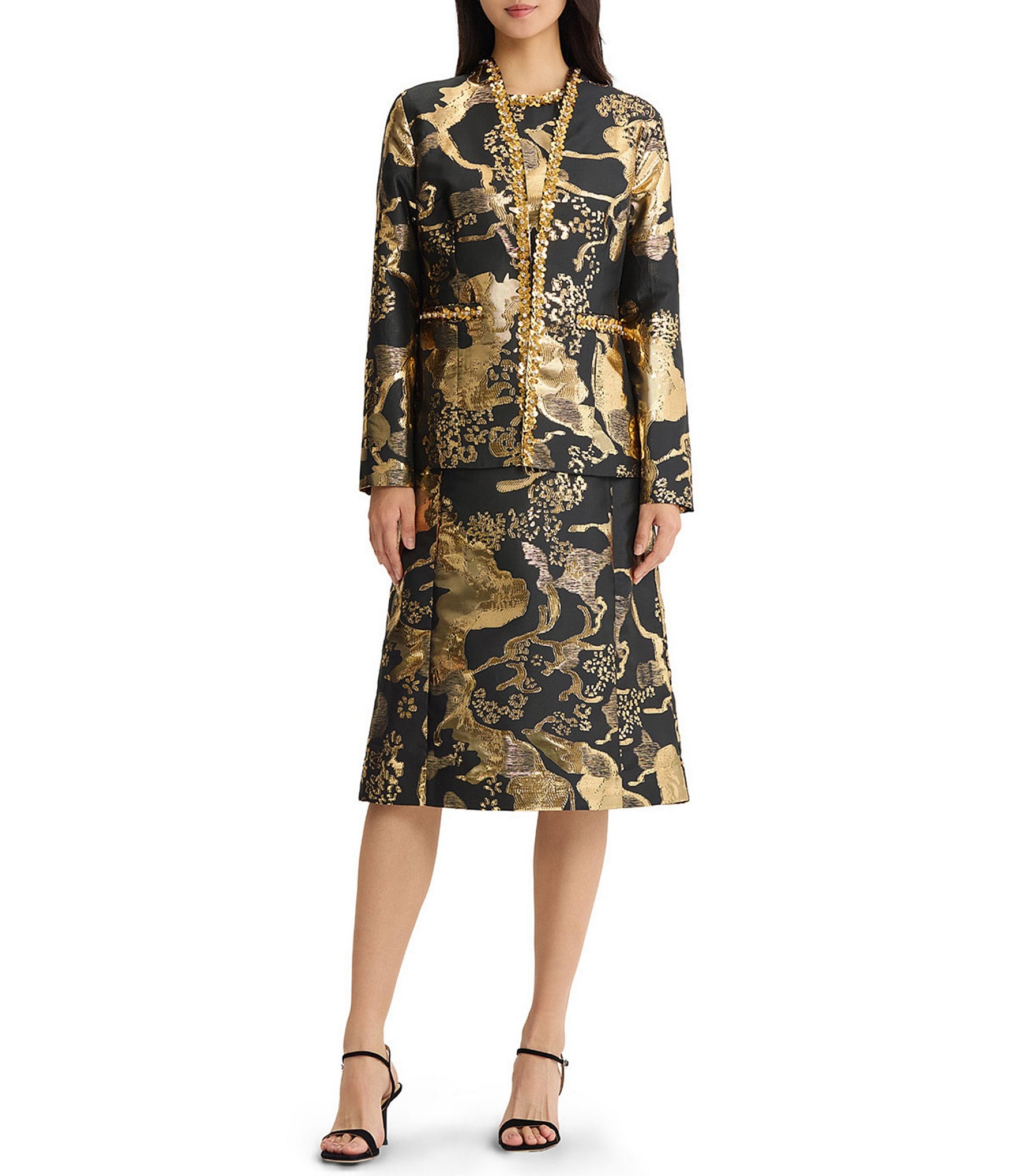 Ming Wang Novelty Jacquard Woven Gold Shimmer Sequin Trim Coordinating Jacket