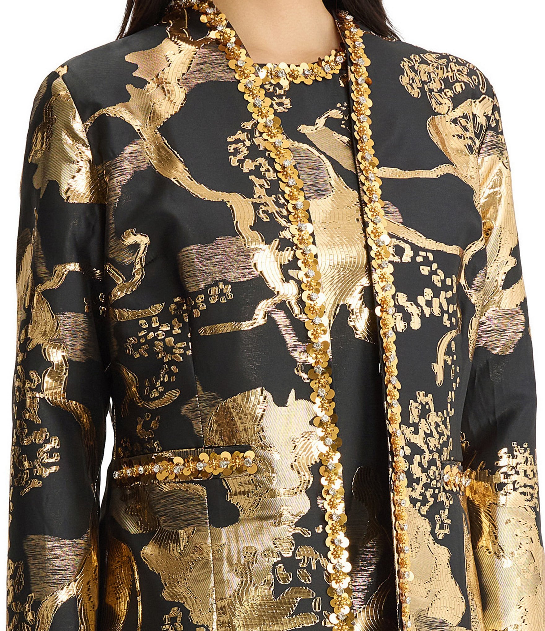 Ming Wang Novelty Jacquard Woven Gold Shimmer Sequin Trim Coordinating Jacket