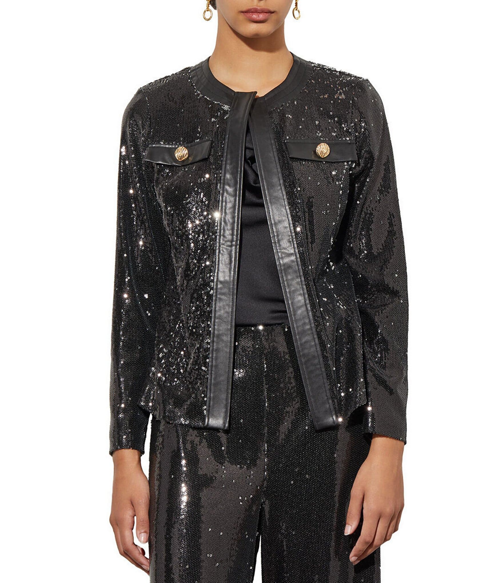 Ming Wang Novelty Sequin Woven Contrast Trim Long Sleeve Open-Front ...