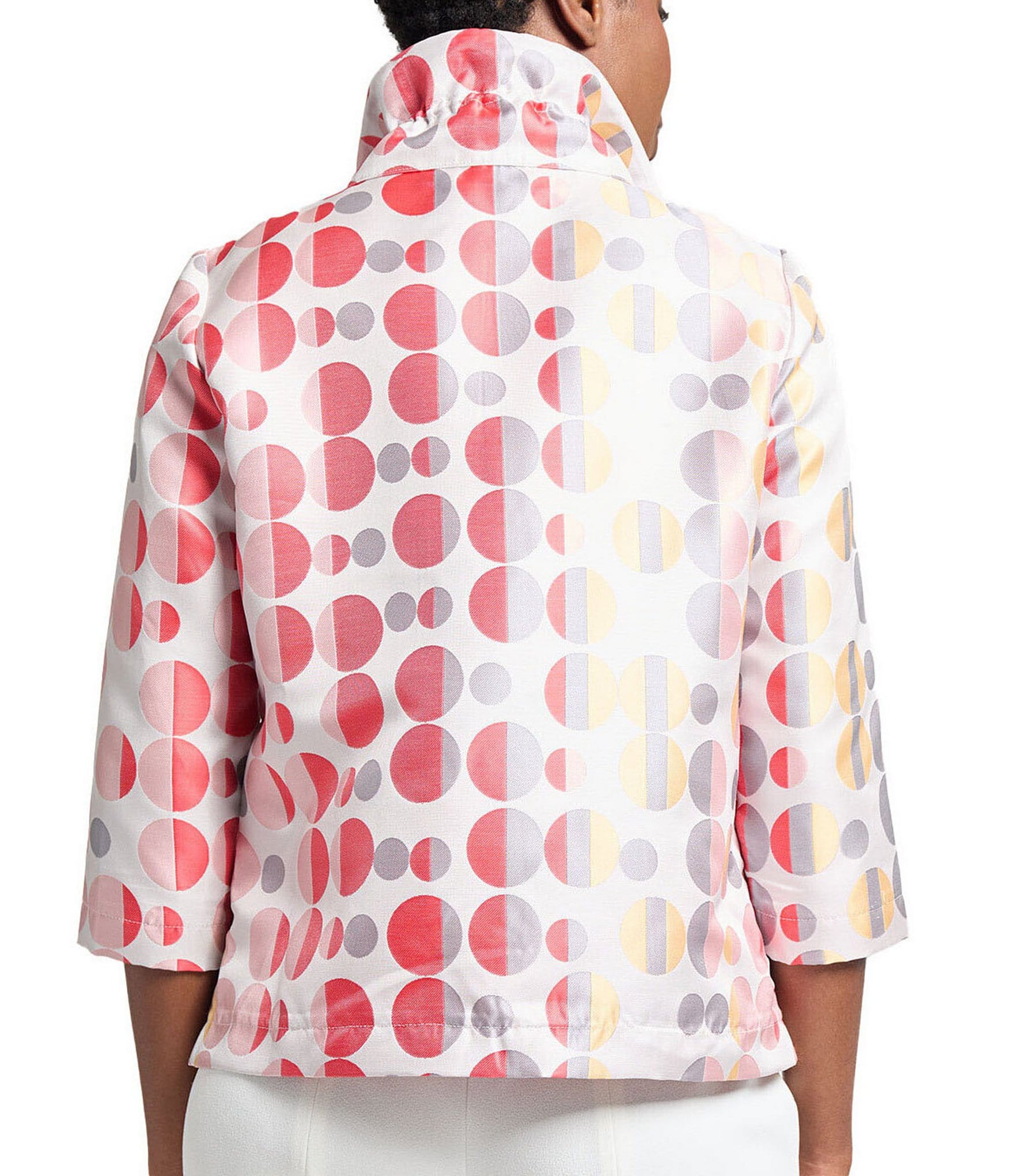 Ming Wang Novelty Woven Jacquard Polka Dot Stand Collar 3/4 Sleeve Coordinating Jacket