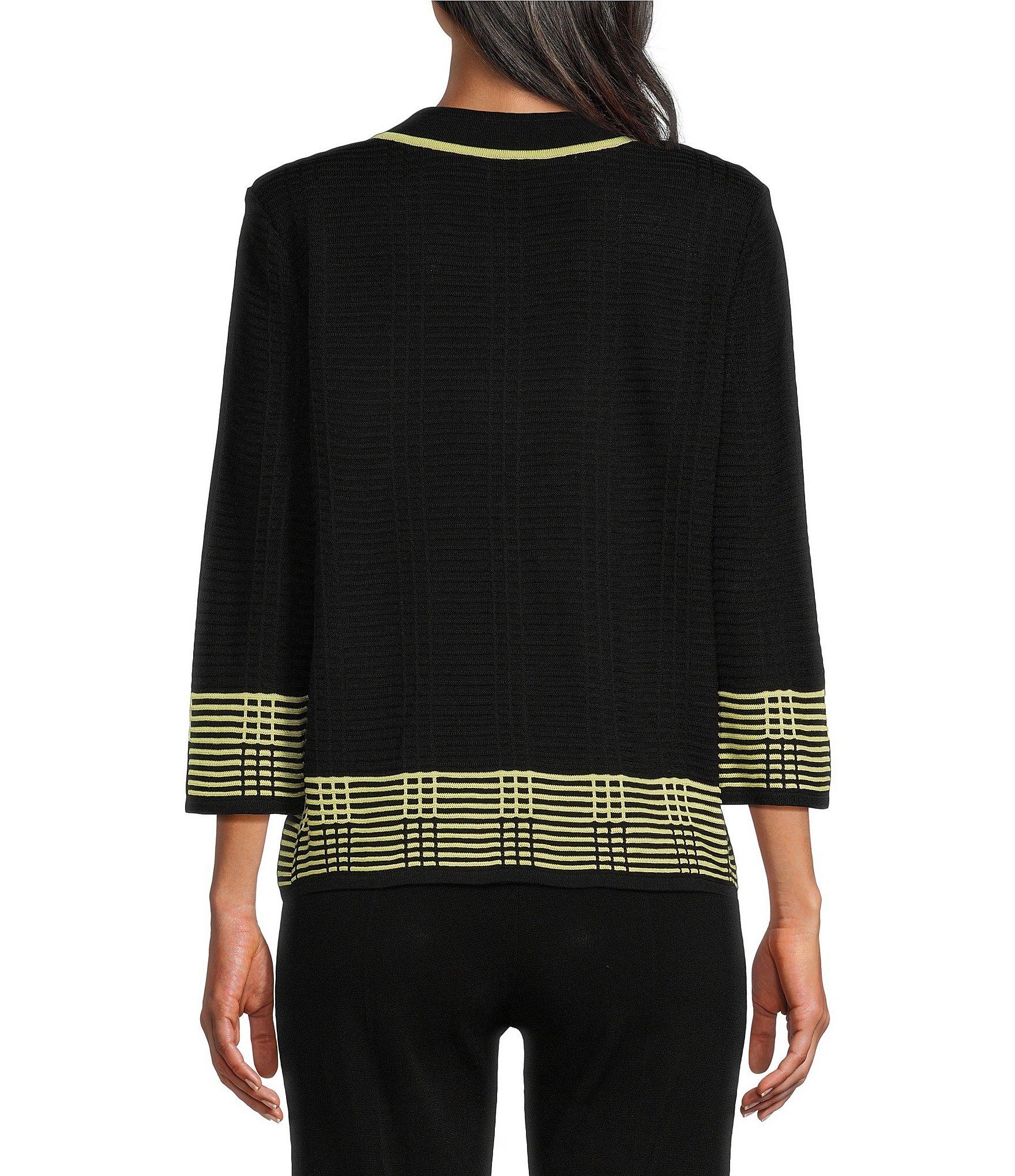 Ming Wang Ottoman Knit Two-Tone Round Neck 3/4 Sleeve Jacket