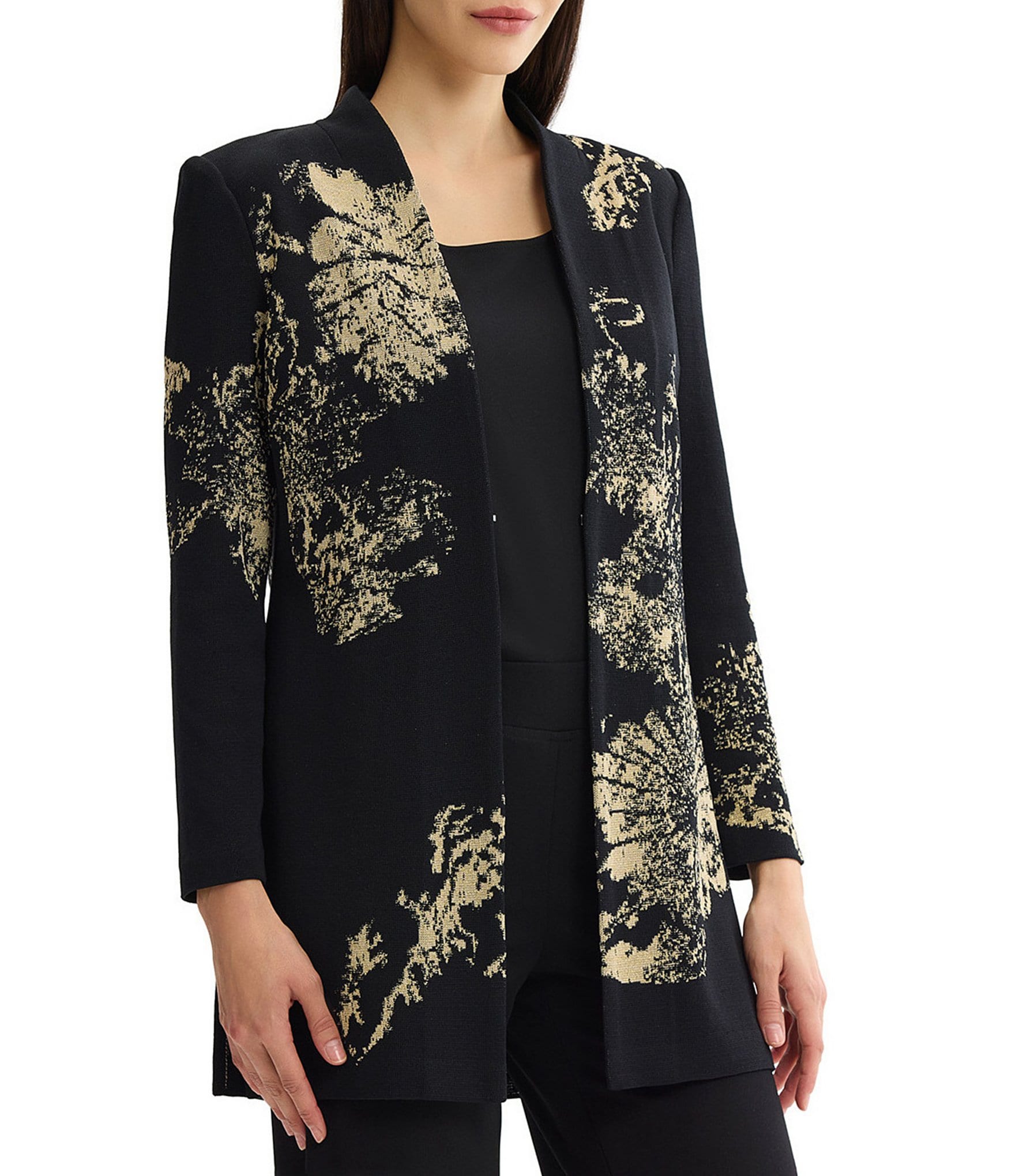 Ming Wang Petite Size Jacquard Floral Lurex Knit Long Sleeve Jacket